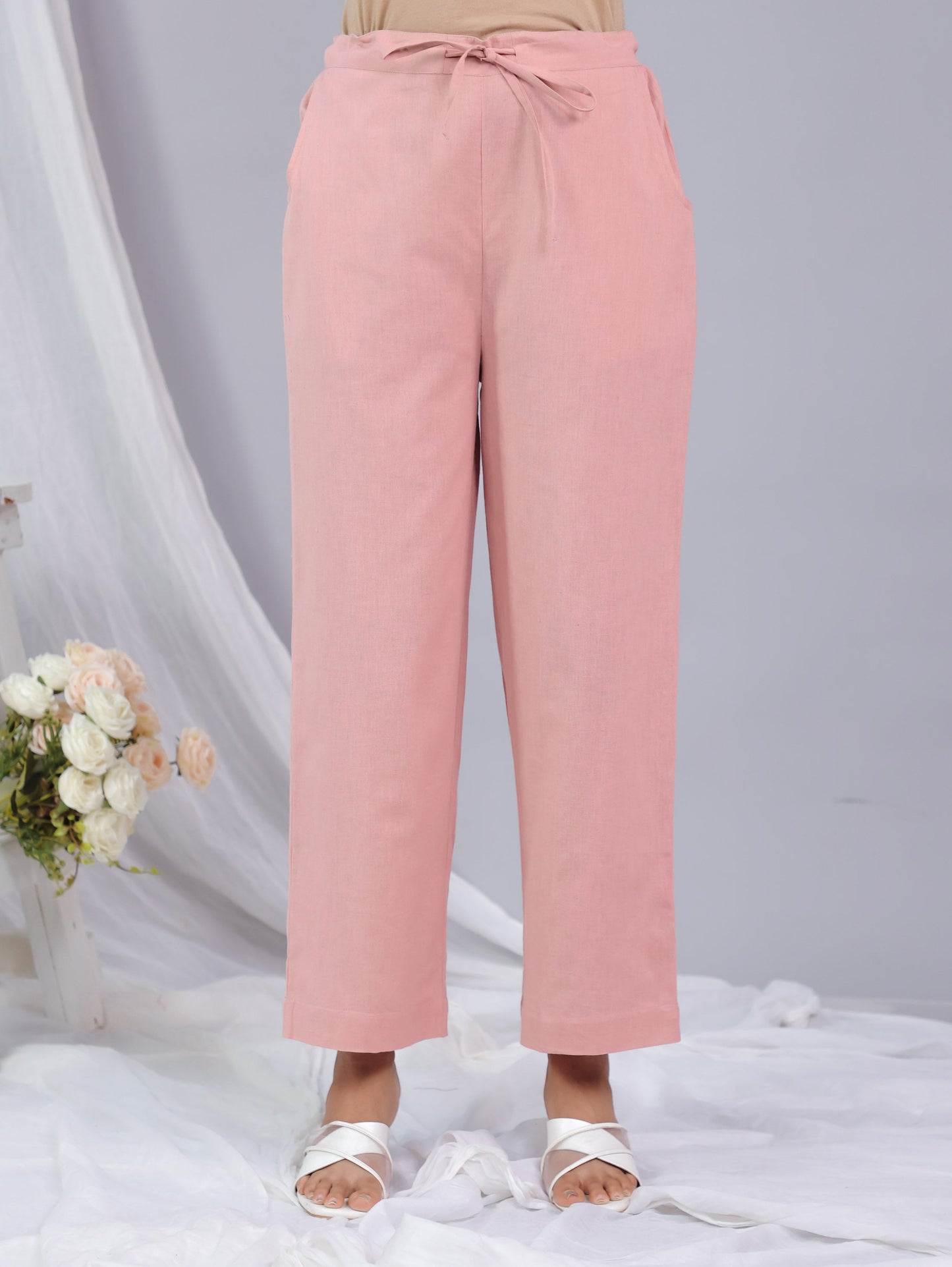 Embroidered Linen Cotton Solid Flared Pink Kurta