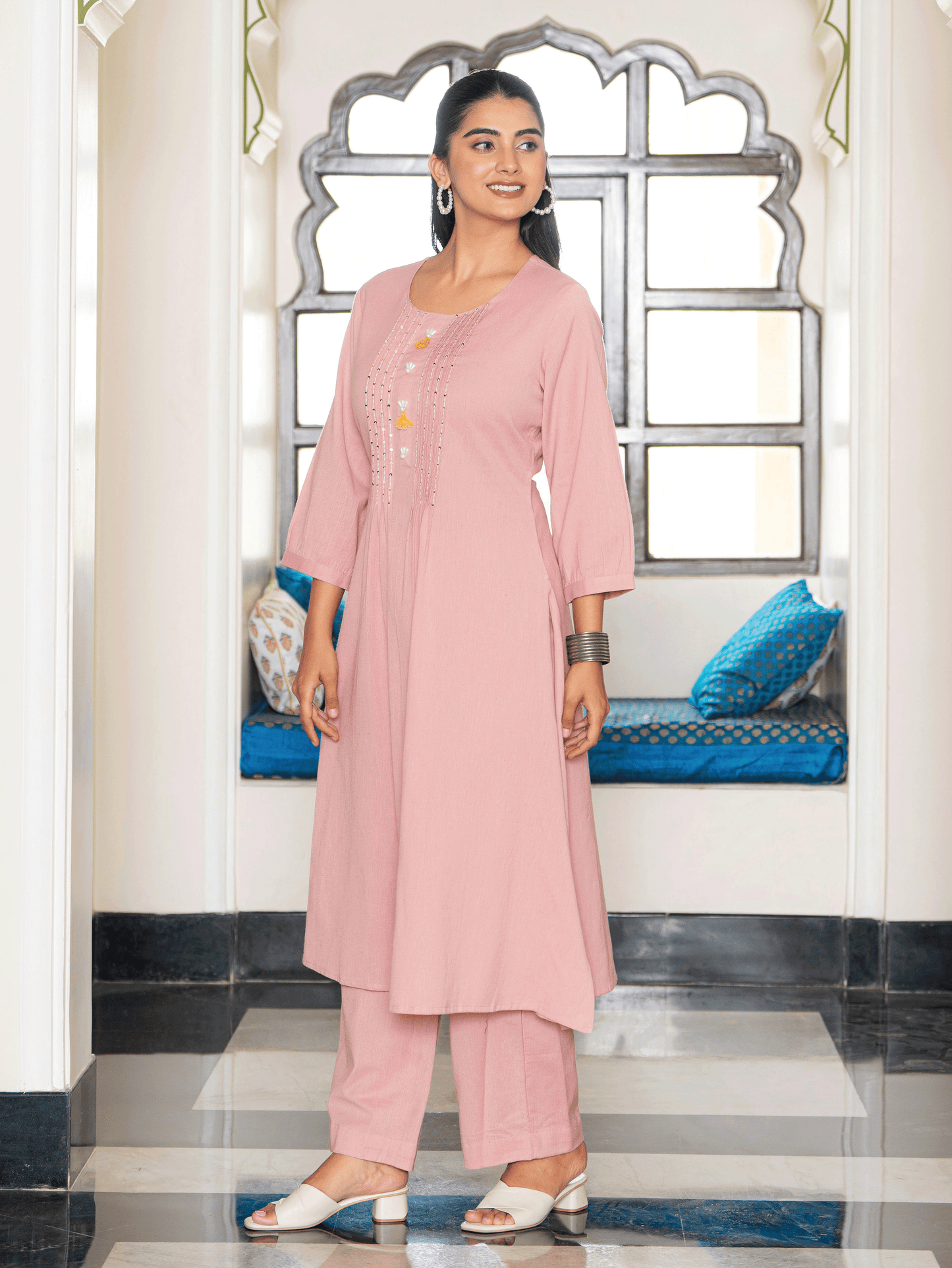 Embroidered Linen Cotton Solid Flared Pink Kurta