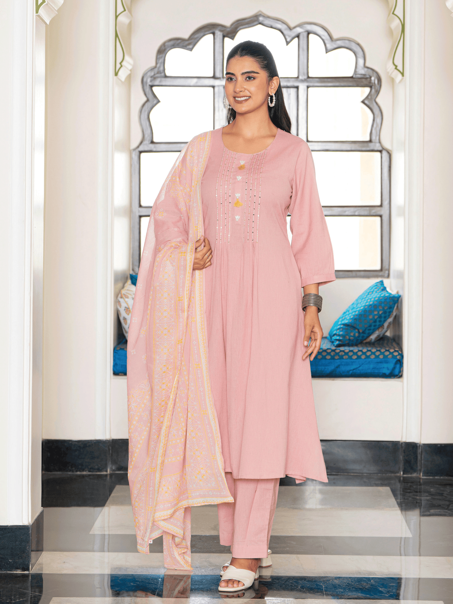 Embroidered Linen Cotton Solid Flared Pink Kurta