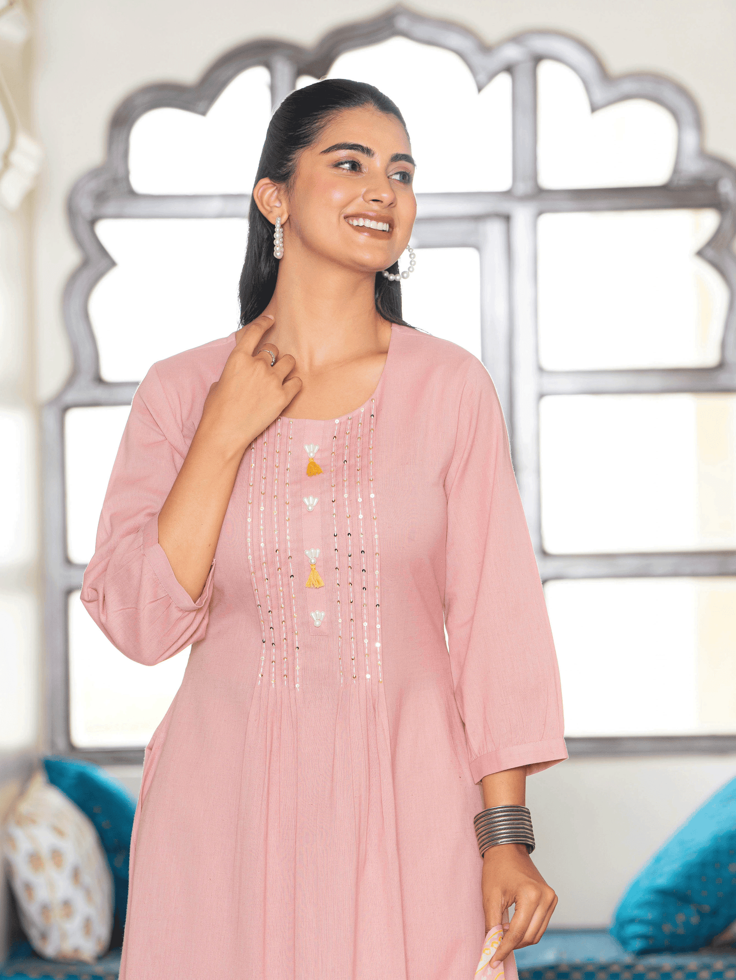 Embroidered Linen Cotton Solid Flared Pink Kurta