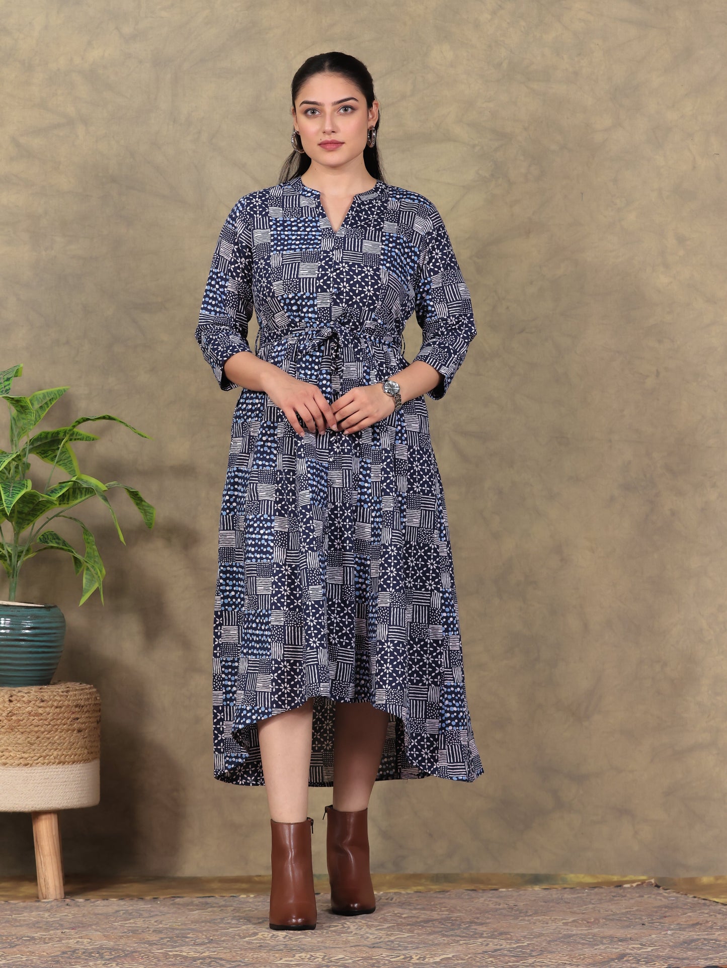 Soft Cotton Geometric High Low Navy Blue Dress