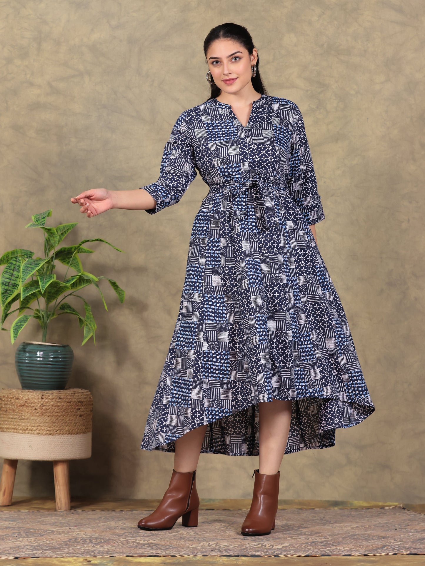 Soft Cotton Geometric High Low Navy Blue Dress