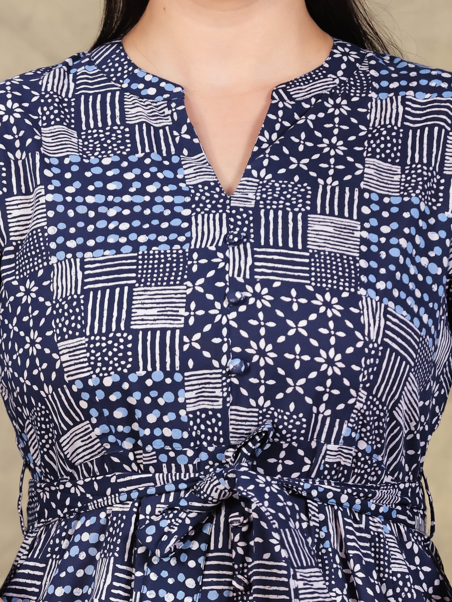 Soft Cotton Geometric High Low Navy Blue Dress