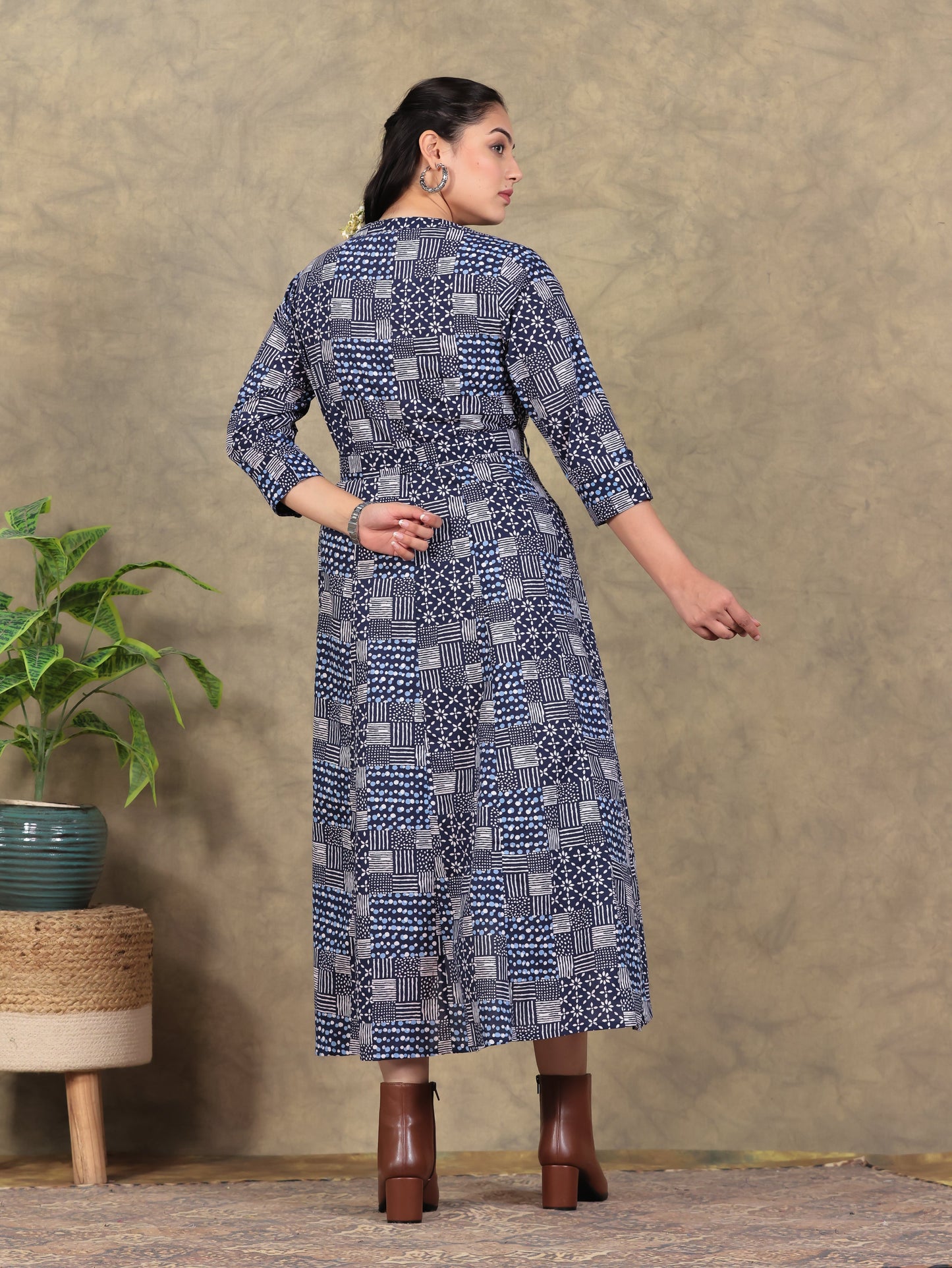 Soft Cotton Geometric High Low Navy Blue Dress