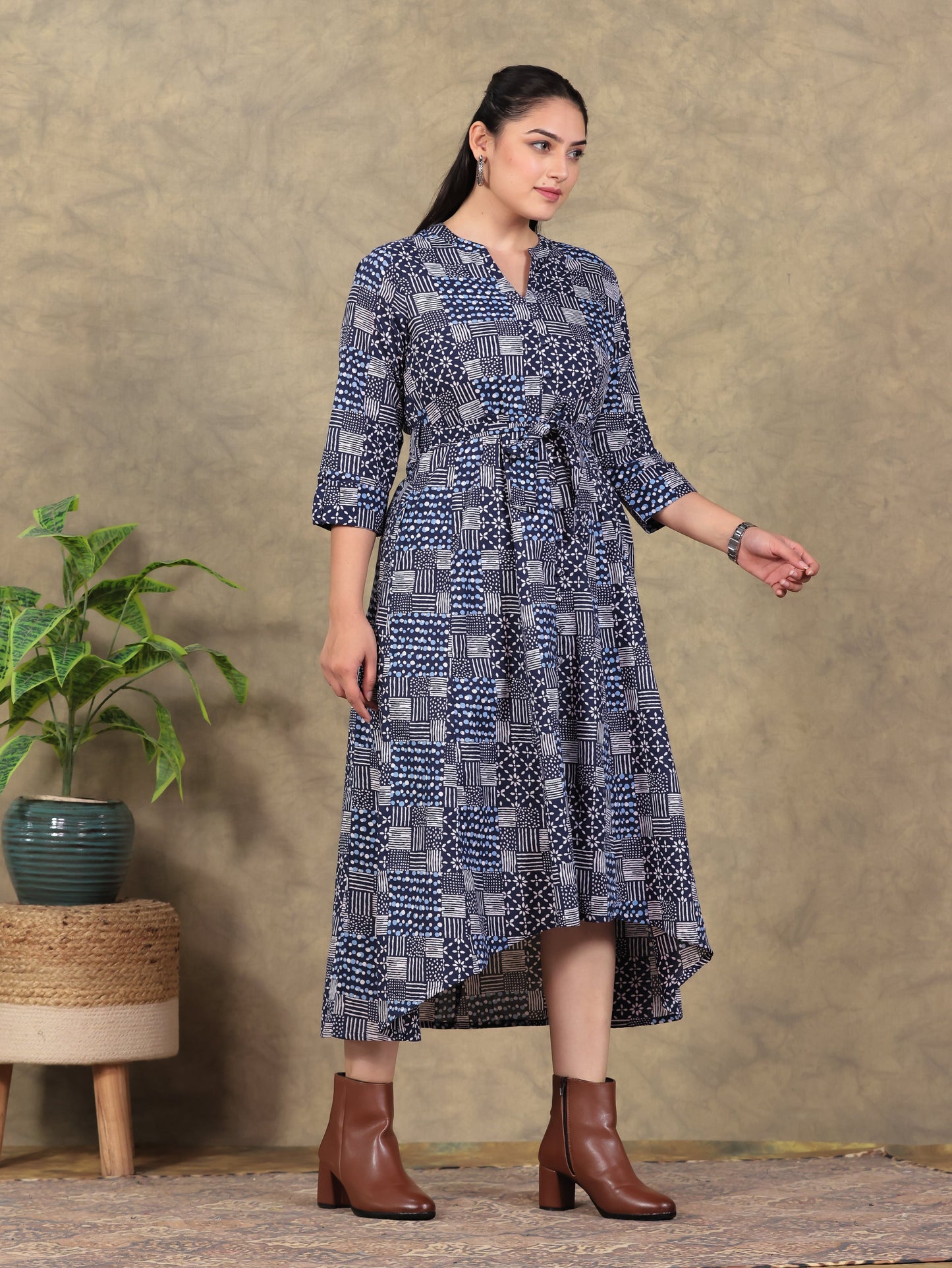 Soft Cotton Geometric High Low Navy Blue Dress