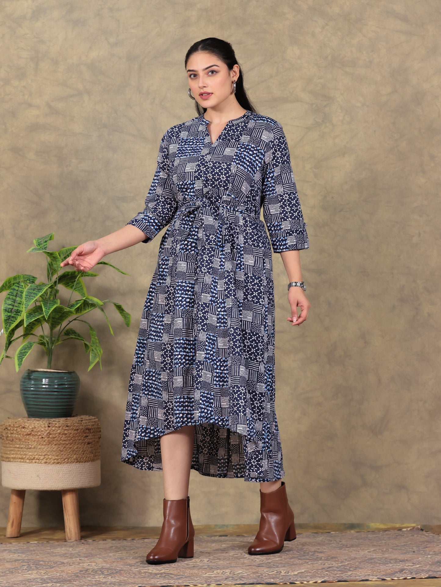 Soft Cotton Geometric High Low Navy Blue Dress