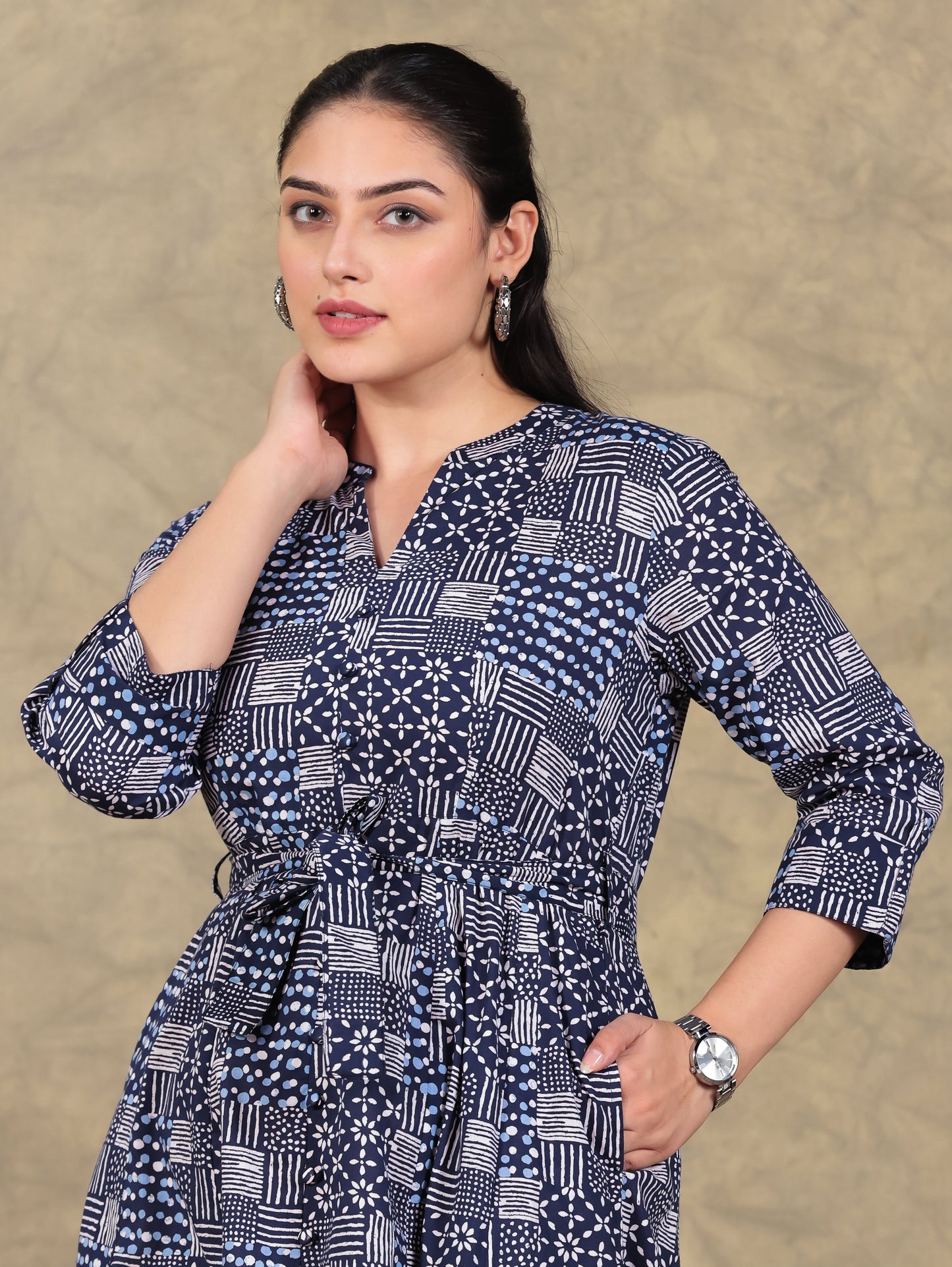 Soft Cotton Geometric High Low Navy Blue Dress
