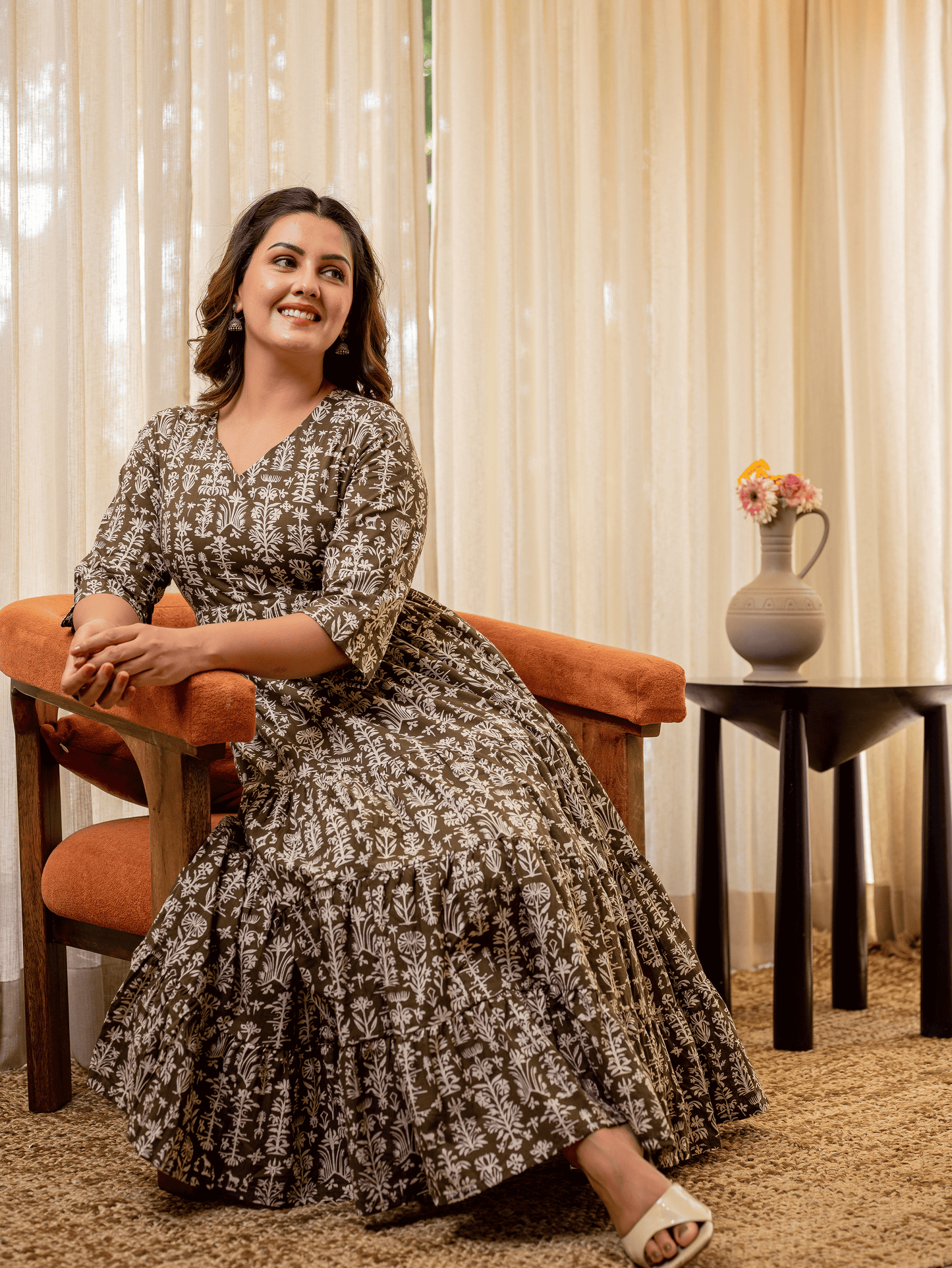 Soft Cotton Foliage Anarkali Olive Dress