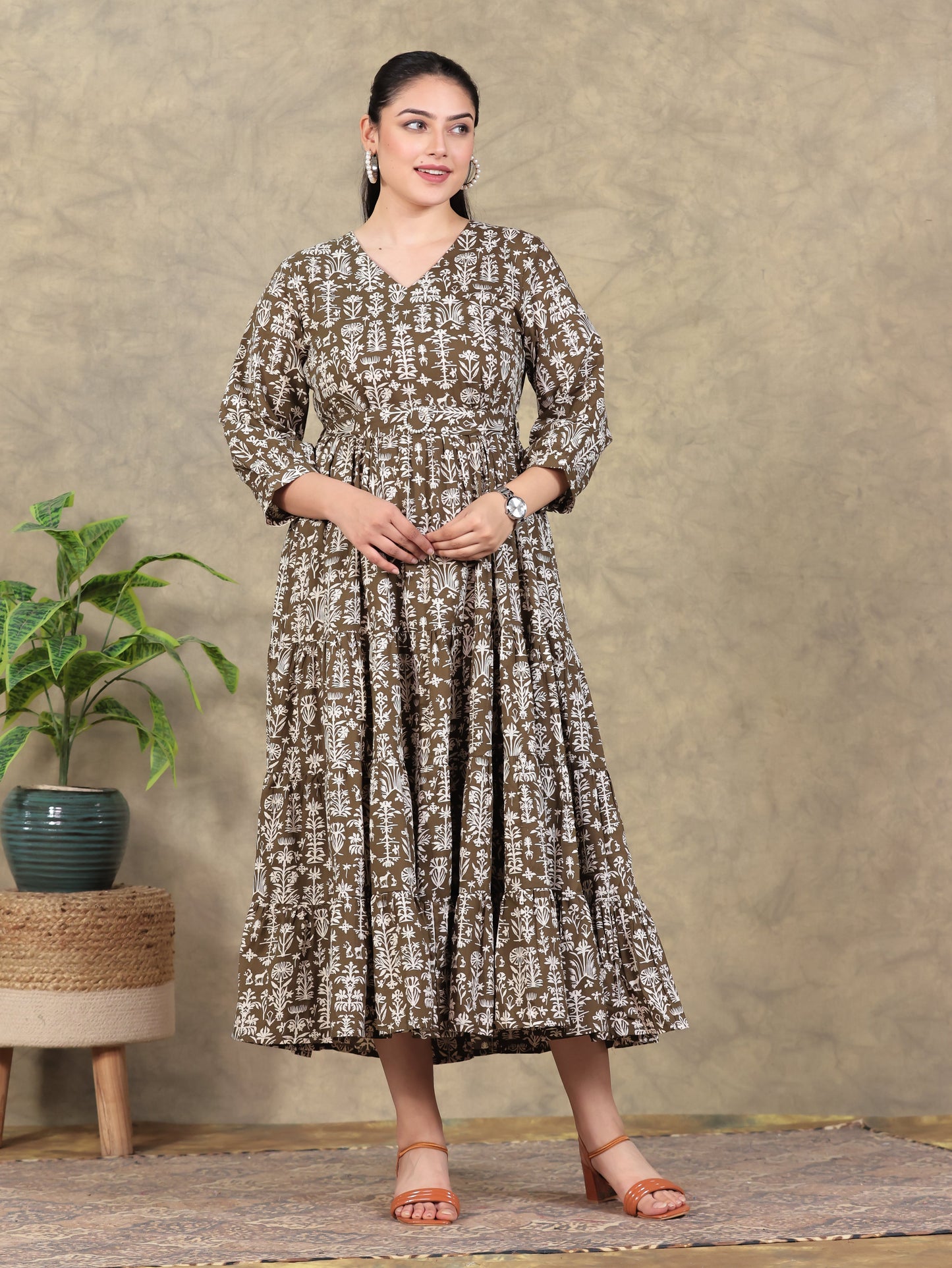 Soft Cotton Foliage Anarkali Olive Dress