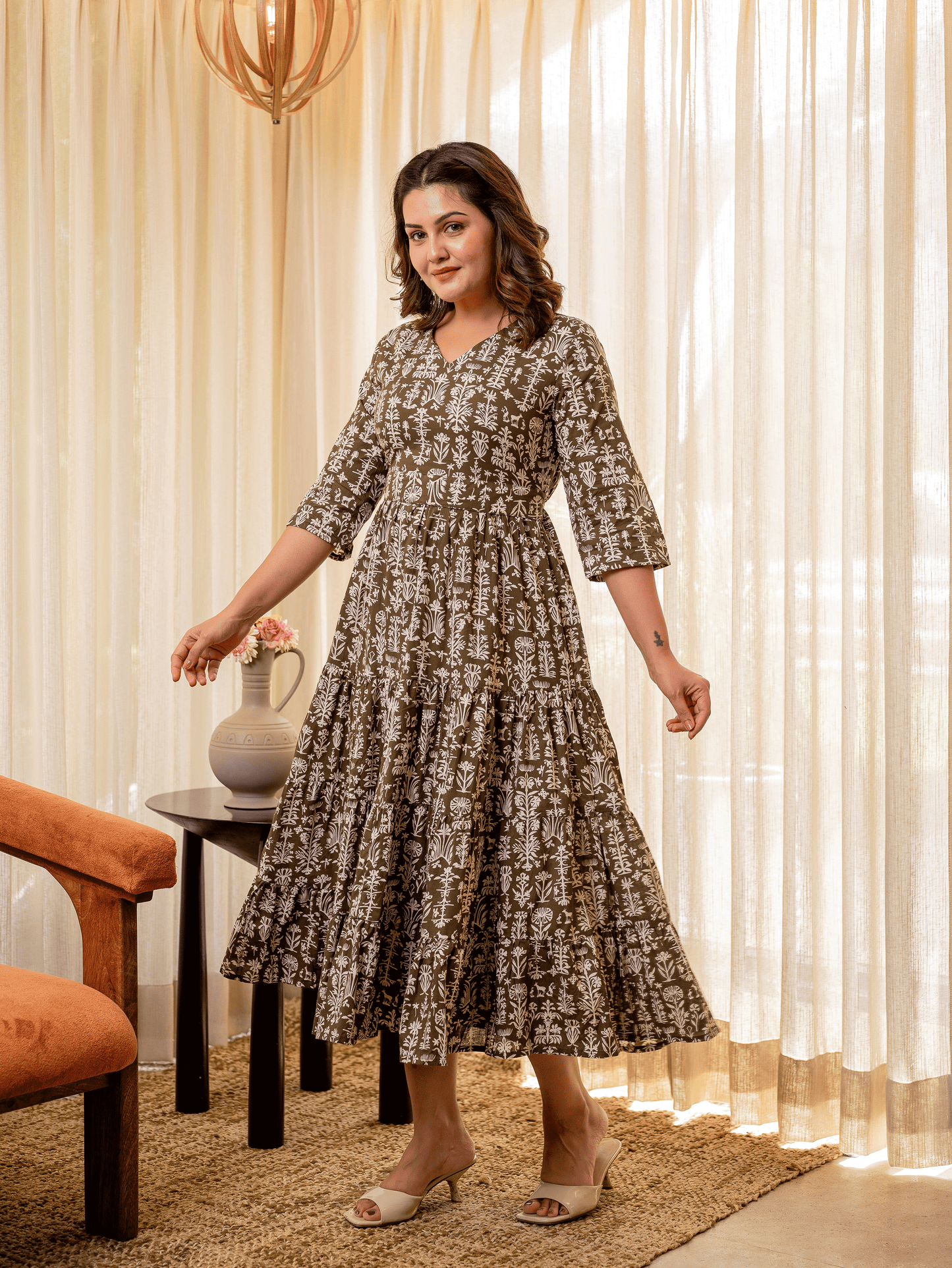 Soft Cotton Foliage Anarkali Olive Dress