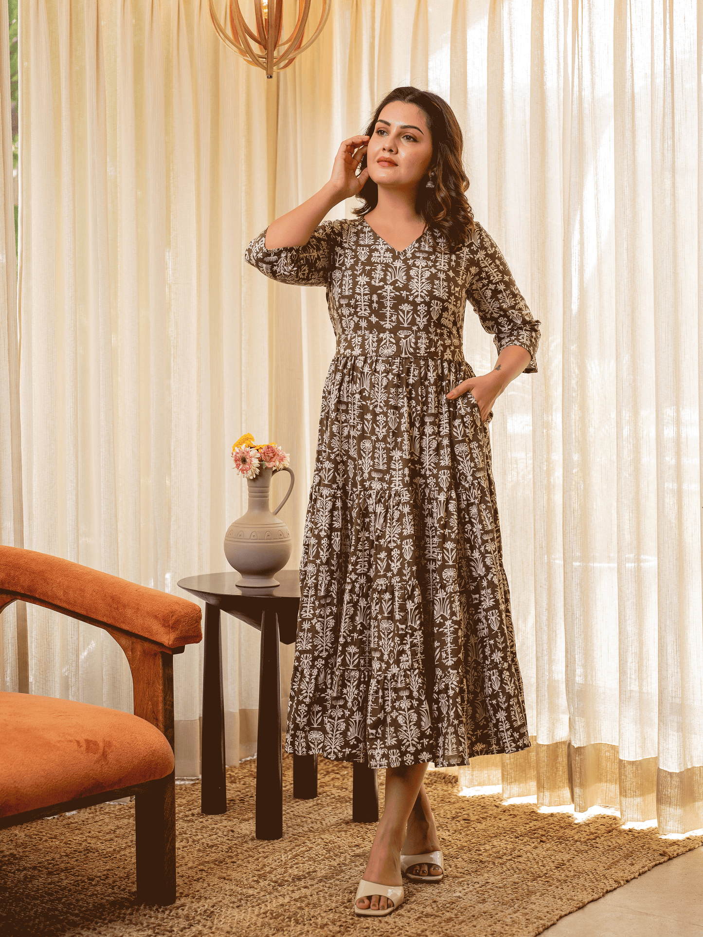 Soft Cotton Foliage Anarkali Olive Dress