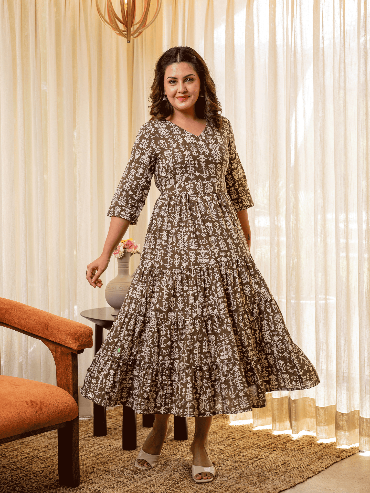 Soft Cotton Foliage Anarkali Olive Dress