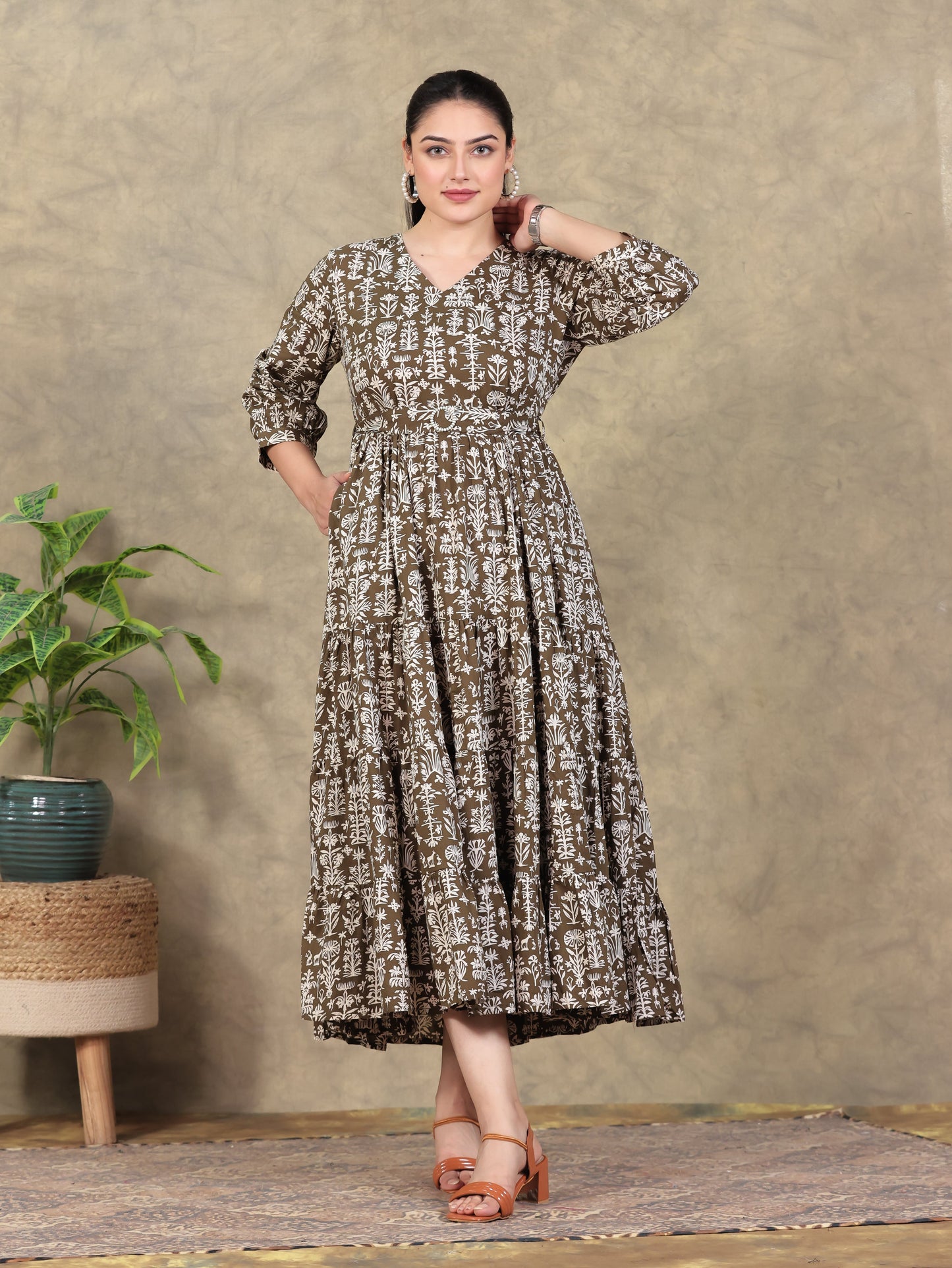 Soft Cotton Foliage Anarkali Olive Dress