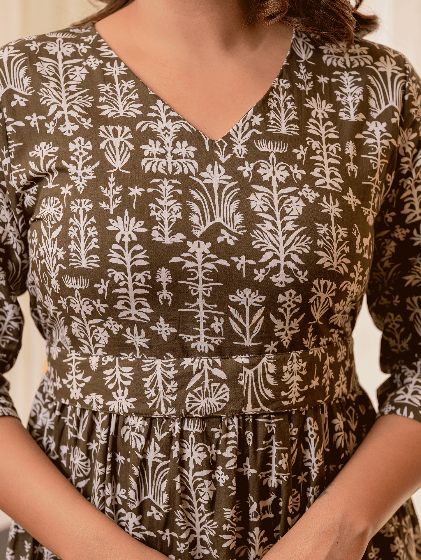 Soft Cotton Foliage Anarkali Olive Dress