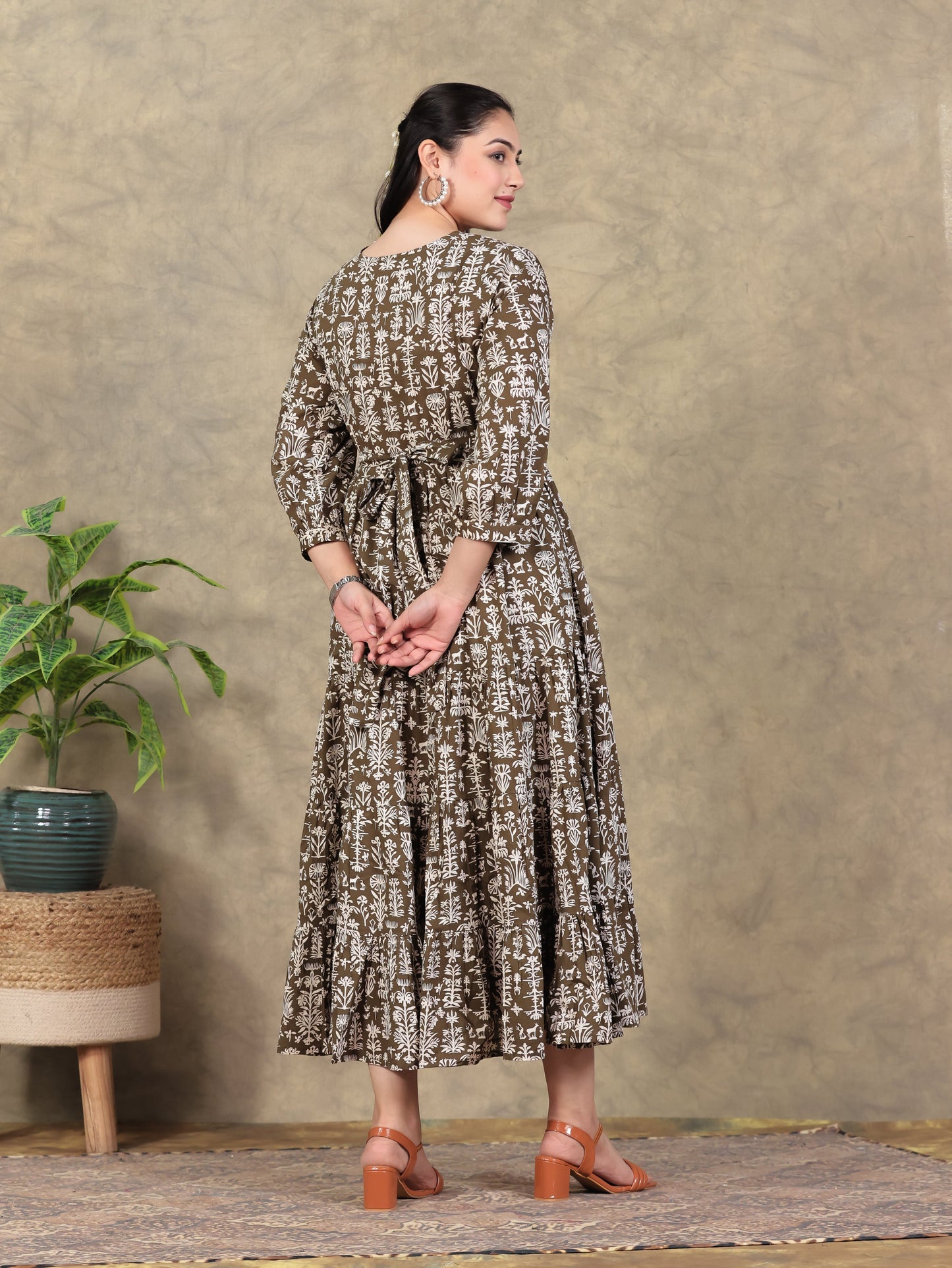 Soft Cotton Foliage Anarkali Olive Dress