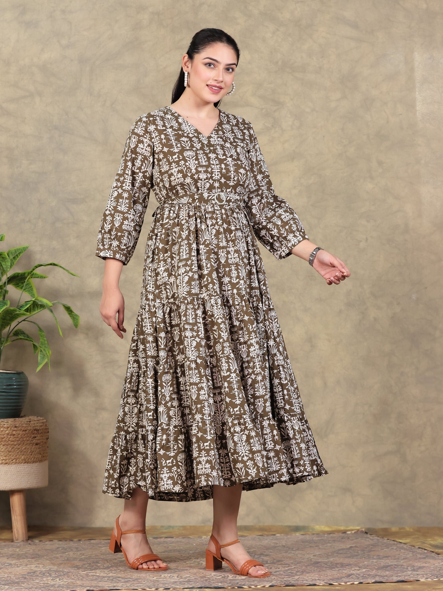 Soft Cotton Foliage Anarkali Olive Dress