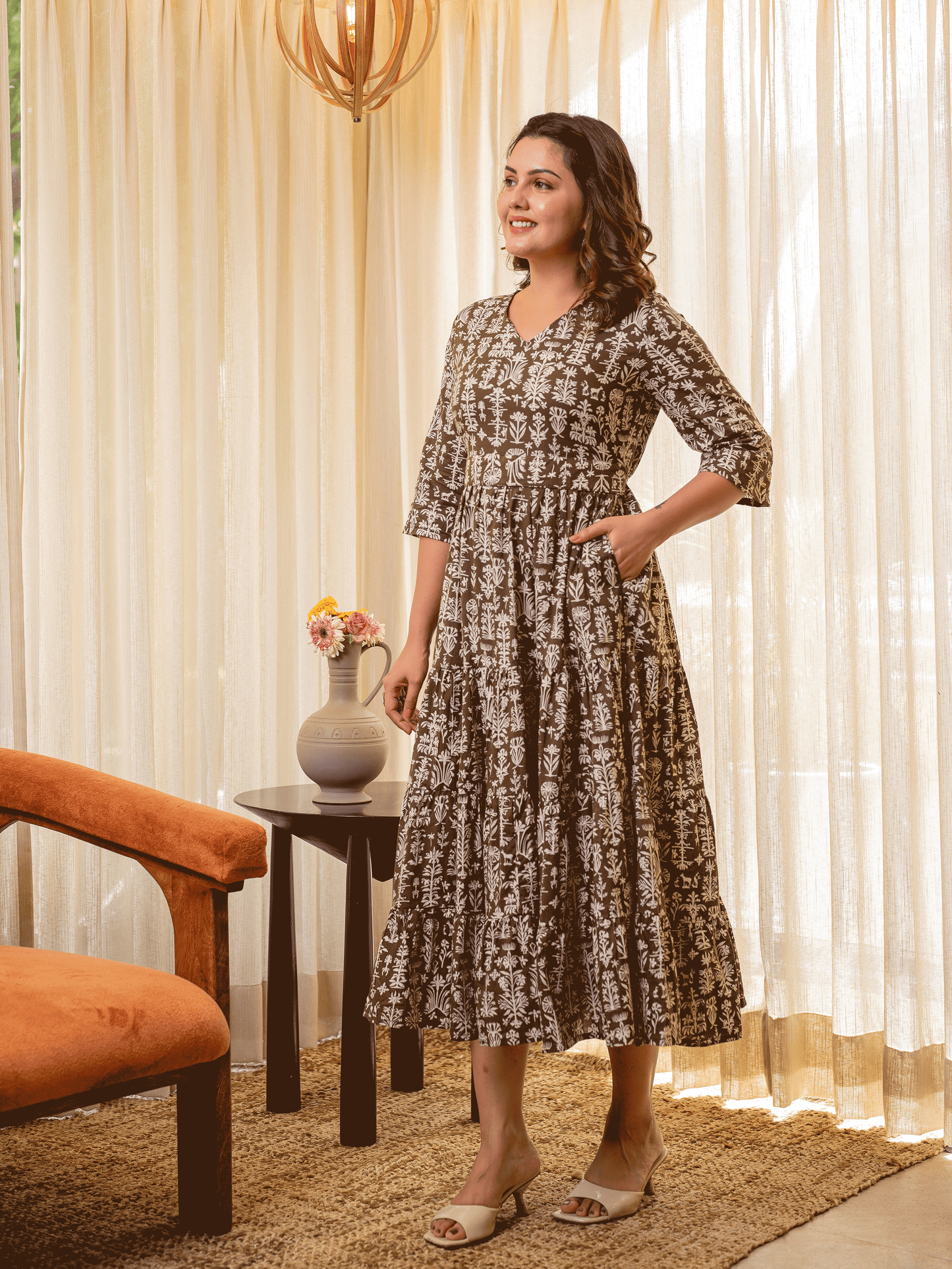 Soft Cotton Foliage Anarkali Olive Dress