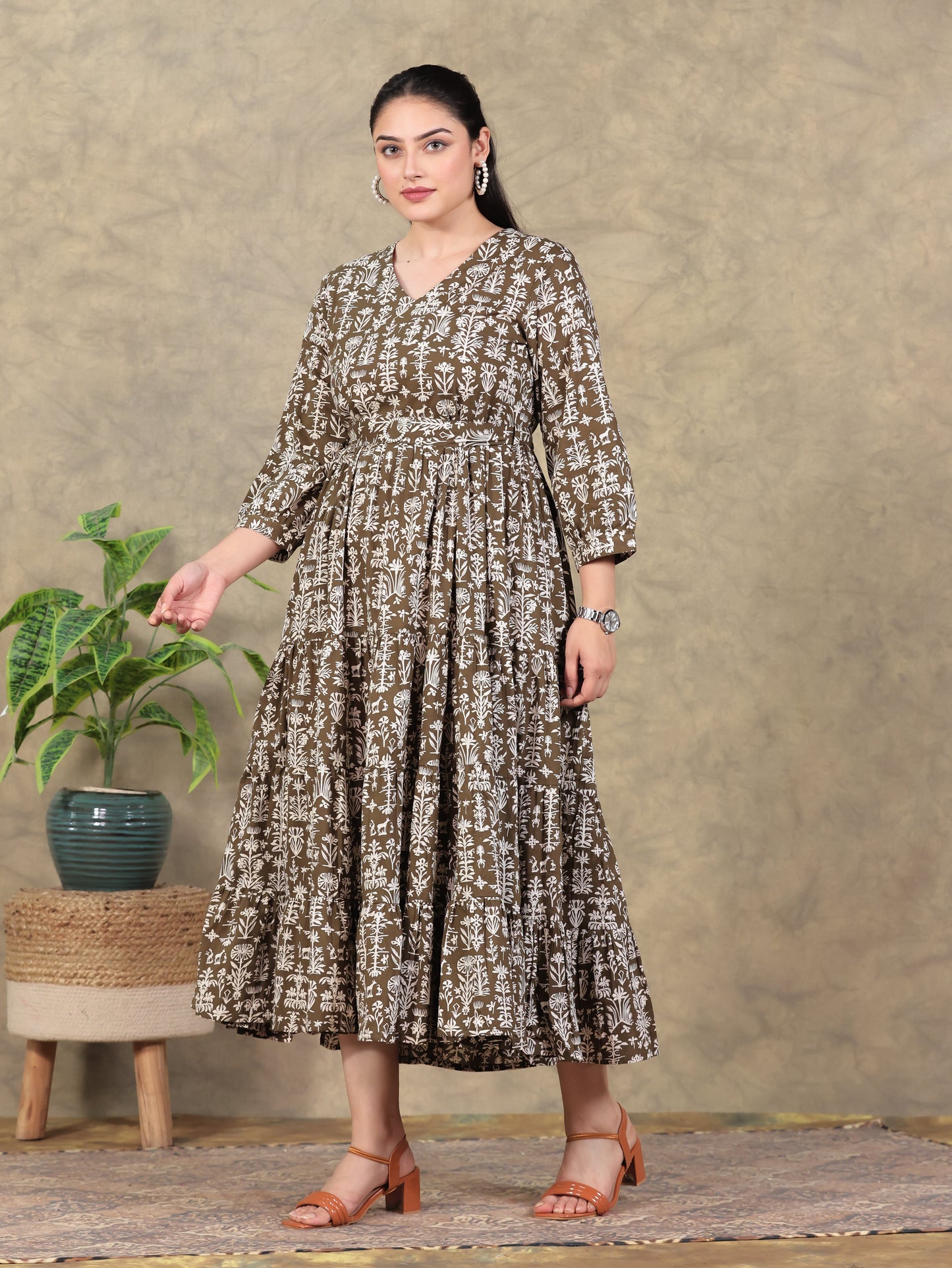 Soft Cotton Foliage Anarkali Olive Dress