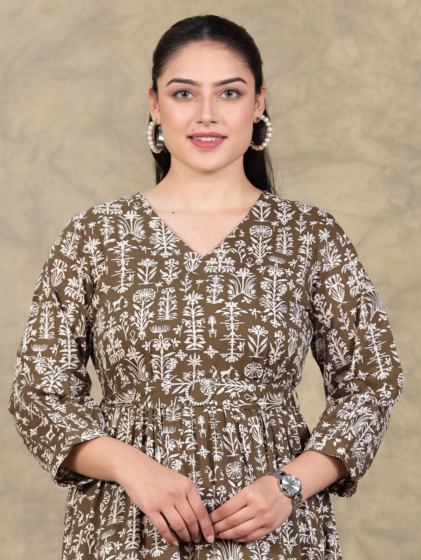 Soft Cotton Foliage Anarkali Olive Dress