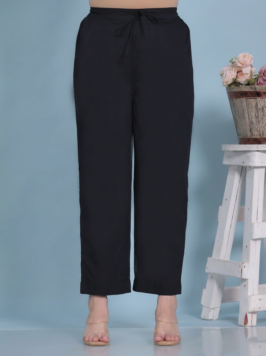 Soft Cotton Solid Black Straight Trousers