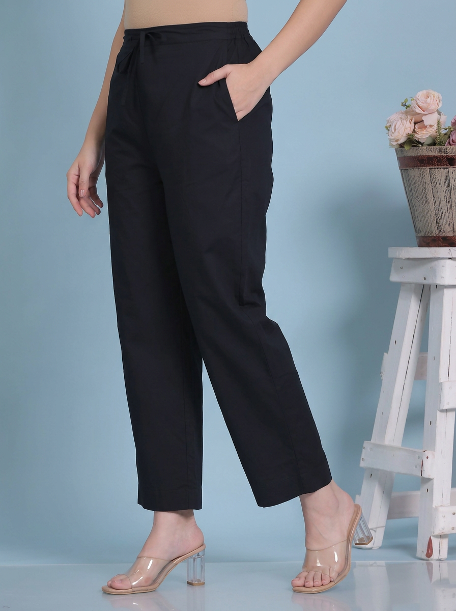 Soft Cotton Solid Black Straight Trousers