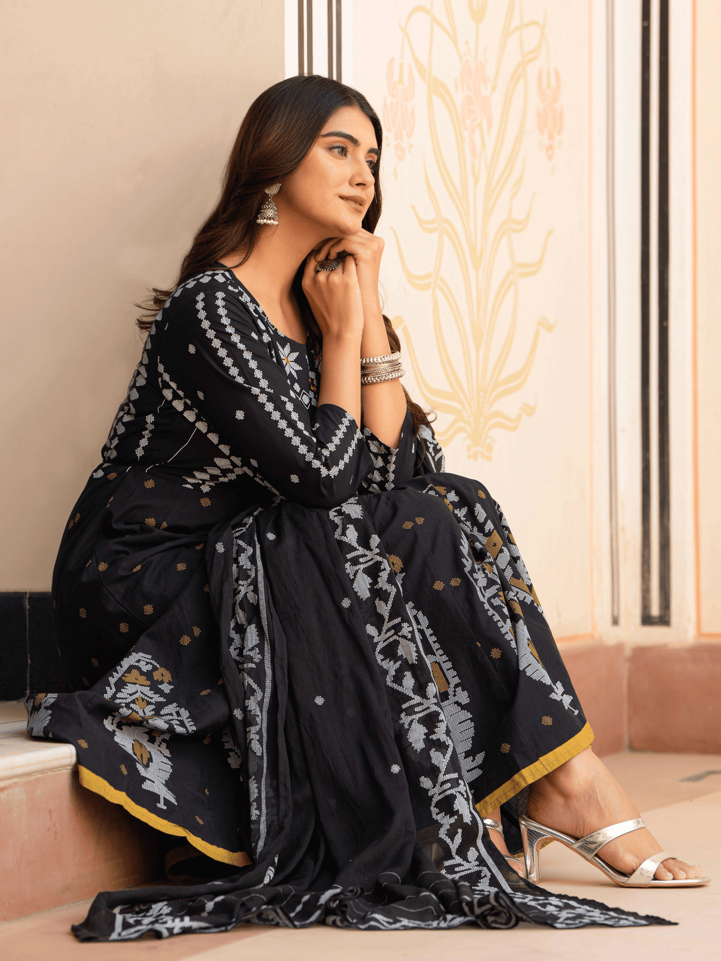 Cotton Voile Geometric Black Dupatta