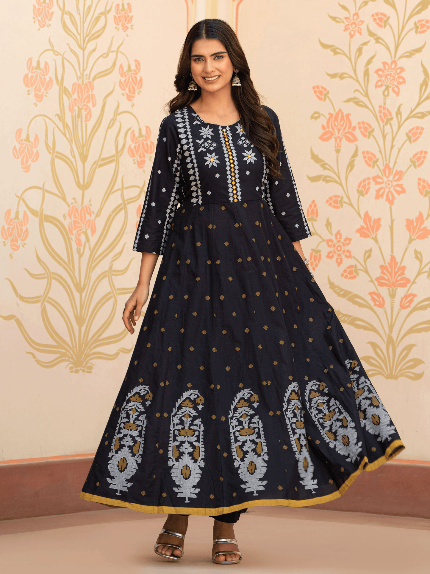 Embroidered Soft Cotton Geometric Anarkali Black Kurta