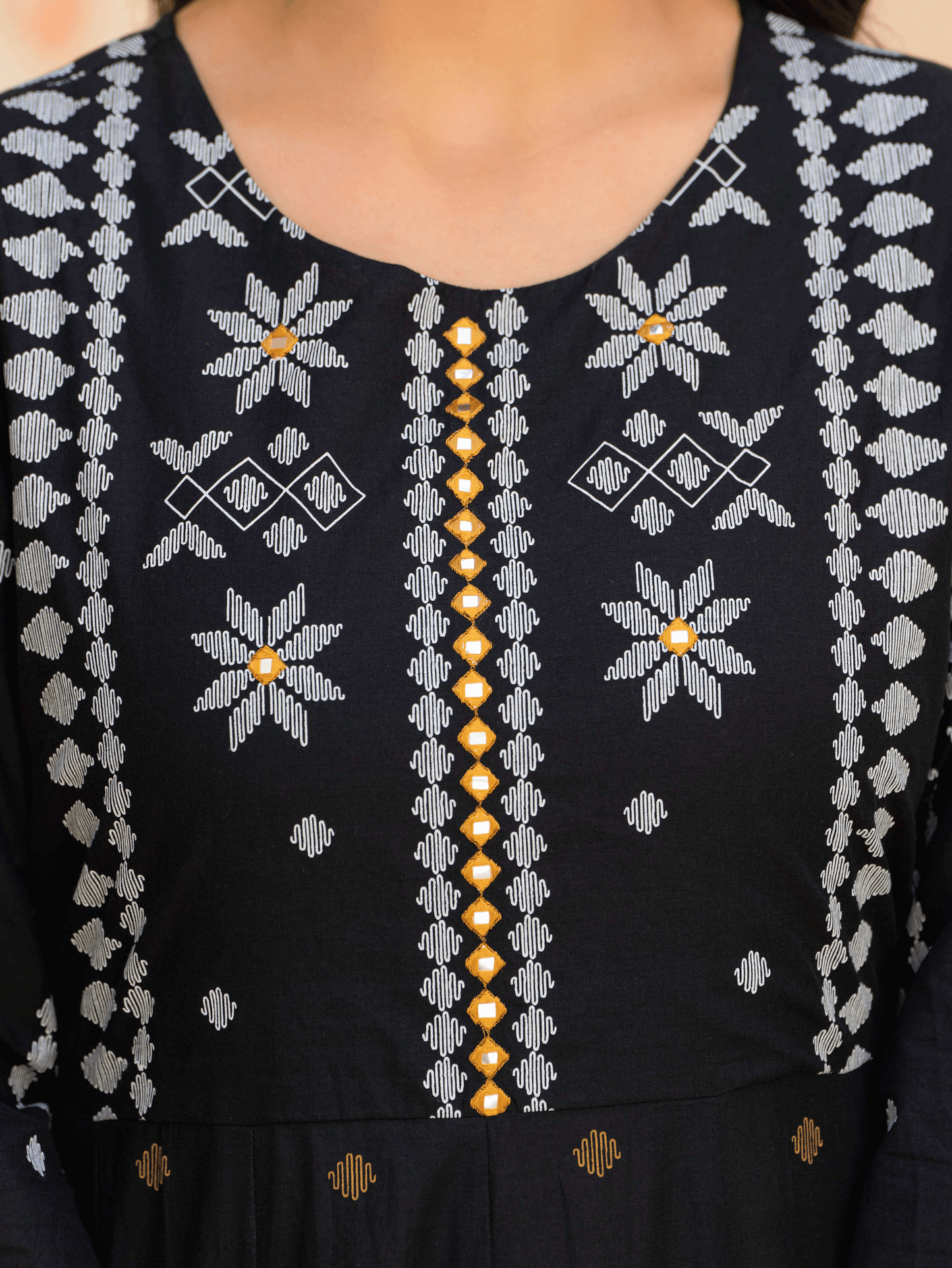 Embroidered Soft Cotton Geometric Anarkali Black Kurta