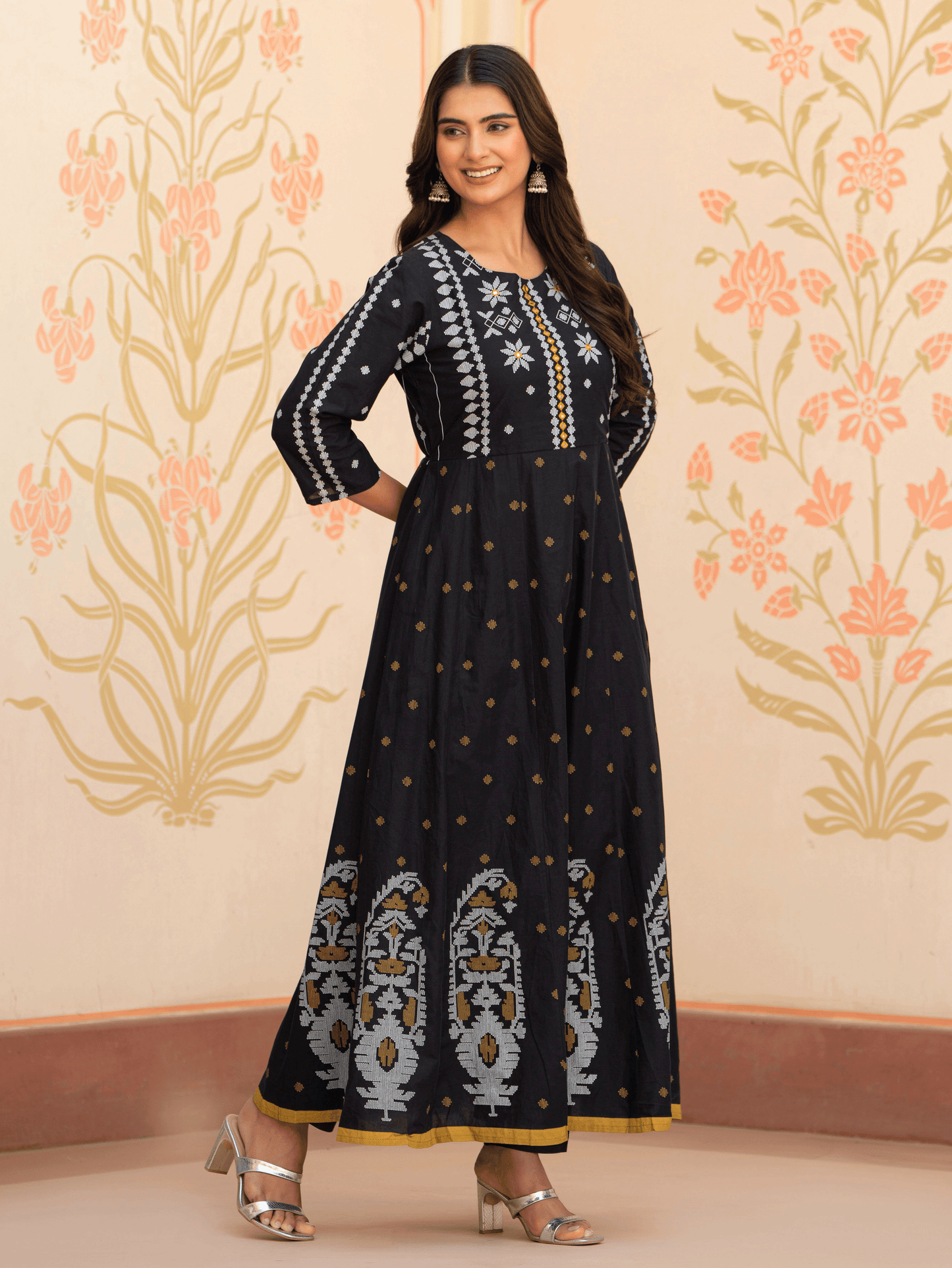 Embroidered Soft Cotton Geometric Anarkali Black Kurta