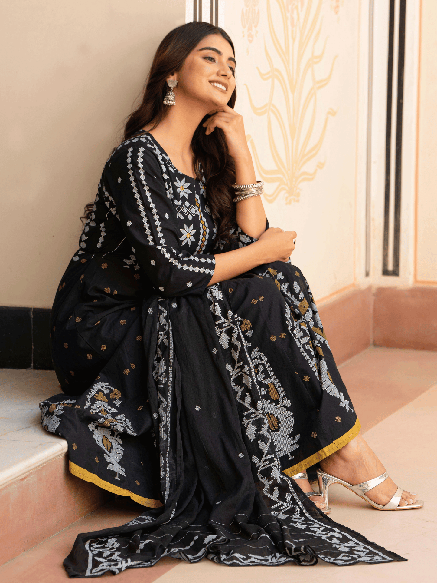 Embroidered Soft Cotton Geometric Anarkali Black Kurta