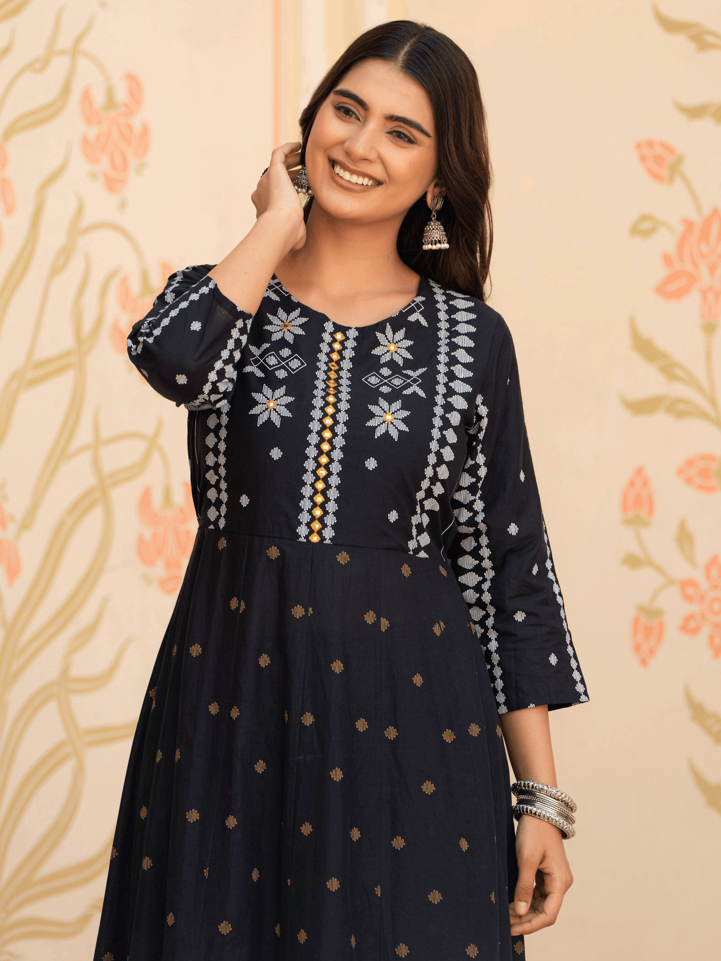 Embroidered Soft Cotton Geometric Anarkali Black Kurta