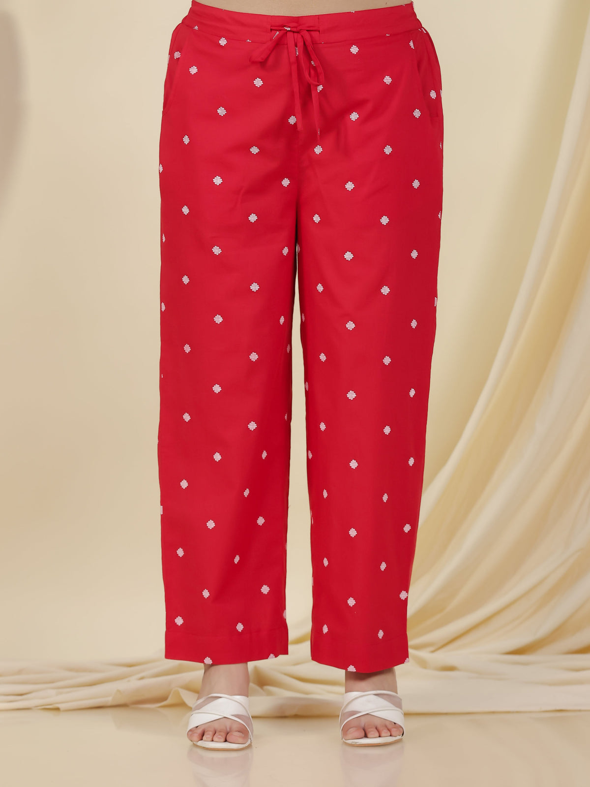 Soft Cotton Geometric Red Straight Trousers
