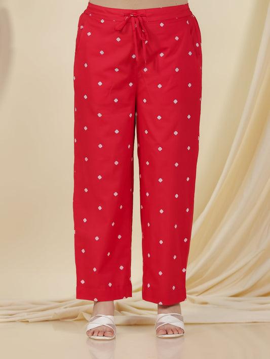 Soft Cotton Geometric Red Straight Trousers