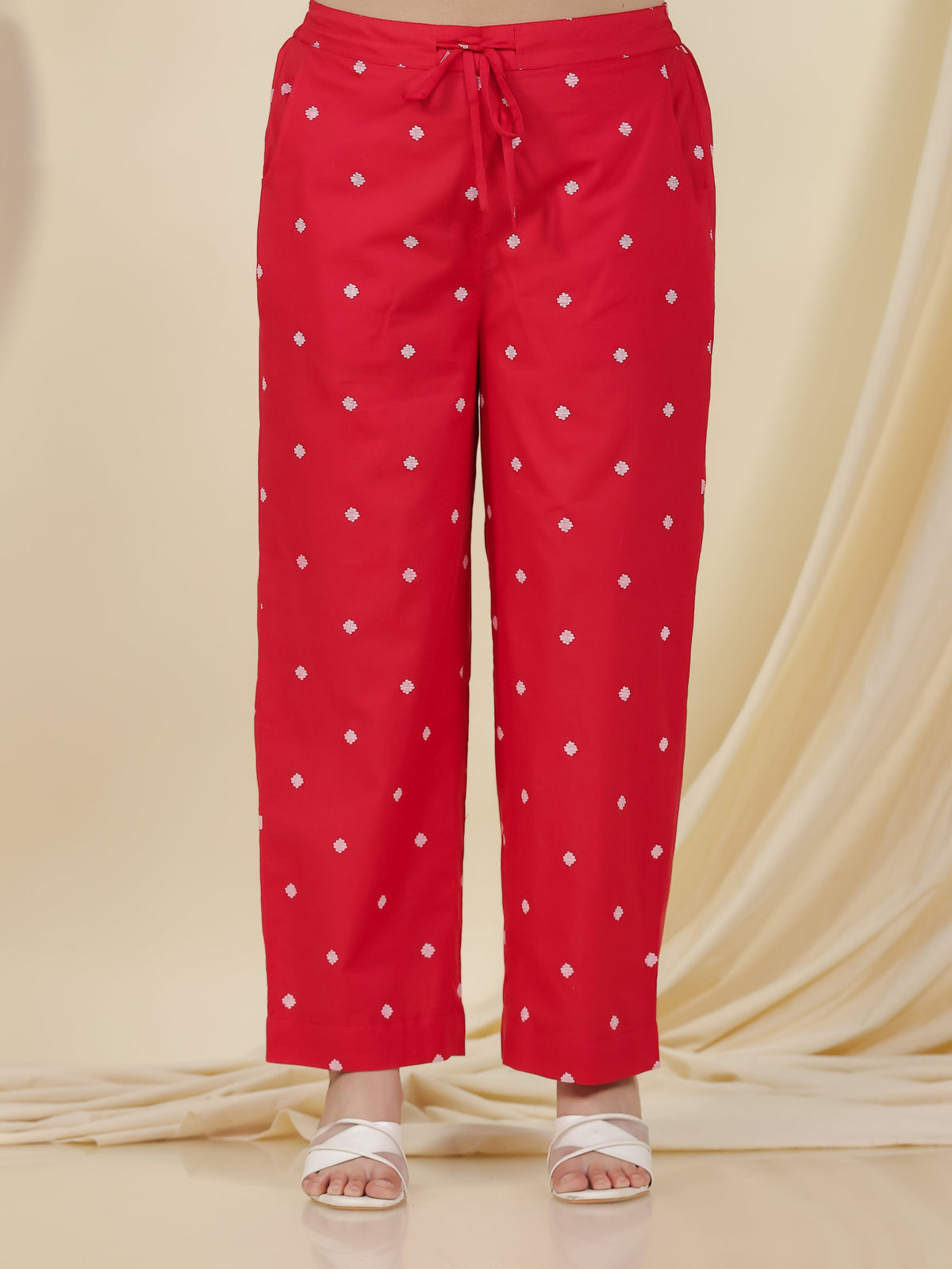 Soft Cotton Geometric Red Straight Trousers