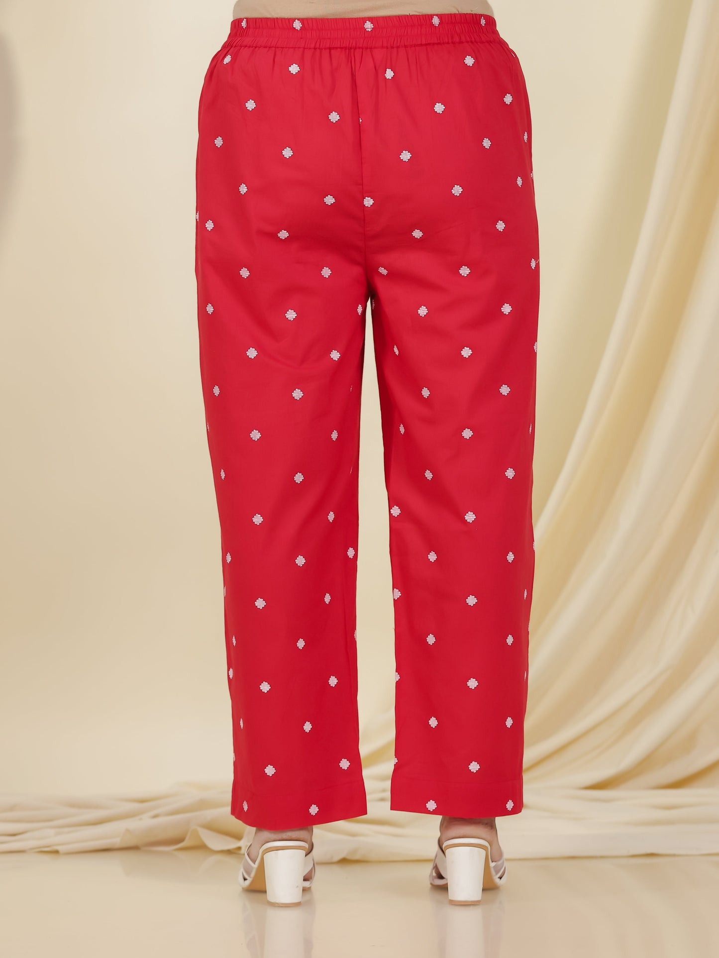 Soft Cotton Geometric Red Straight Trousers