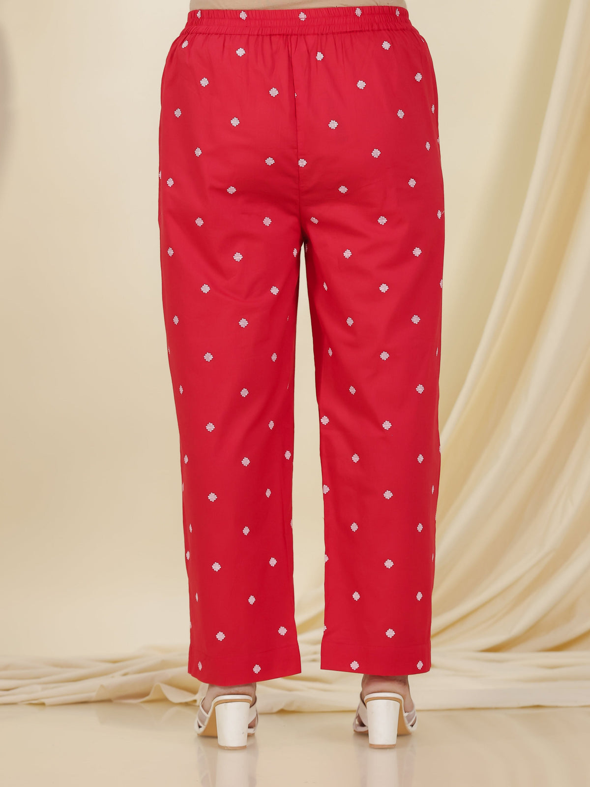 Soft Cotton Geometric Red Straight Trousers
