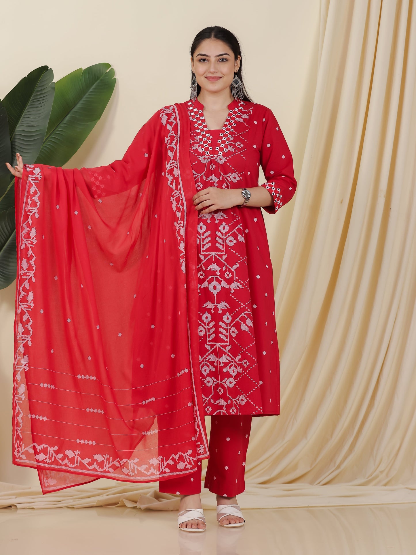 Cotton Voile Geometric Red Dupatta