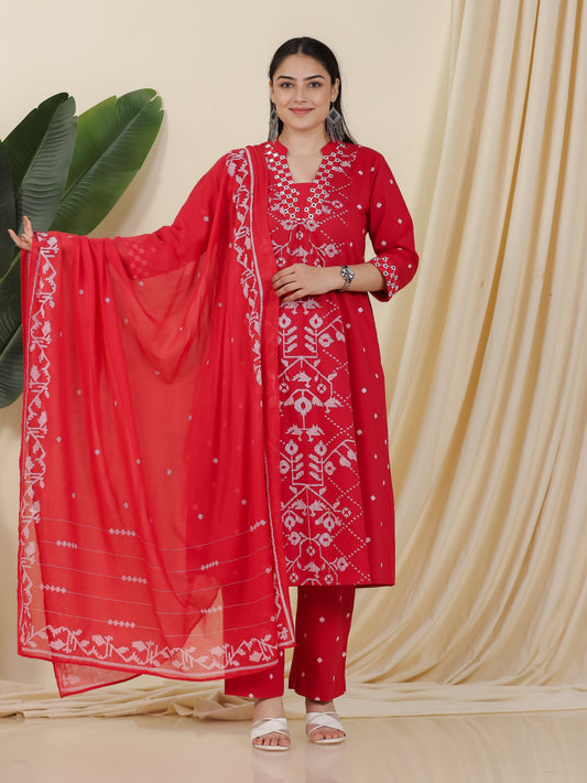 Cotton Voile Geometric Red Dupatta