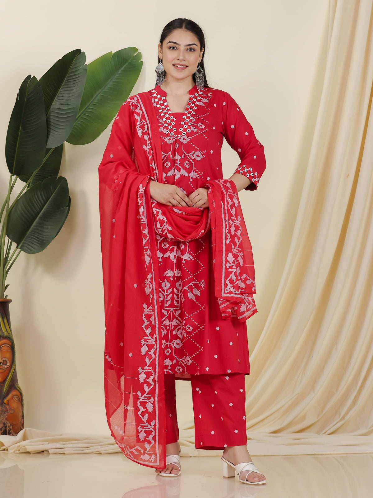 Embroidered Soft Cotton Geometric Flared Red Kurta
