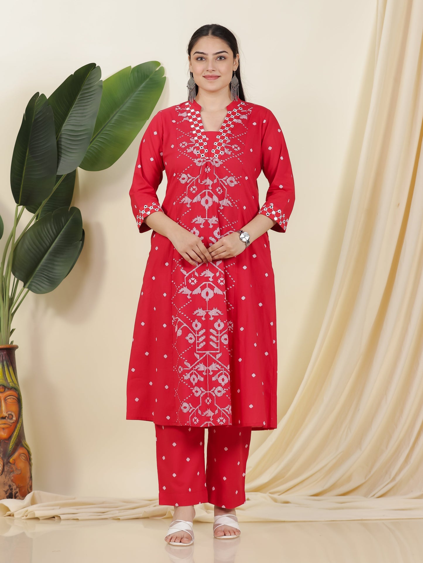 Embroidered Soft Cotton Geometric Flared Red Kurta