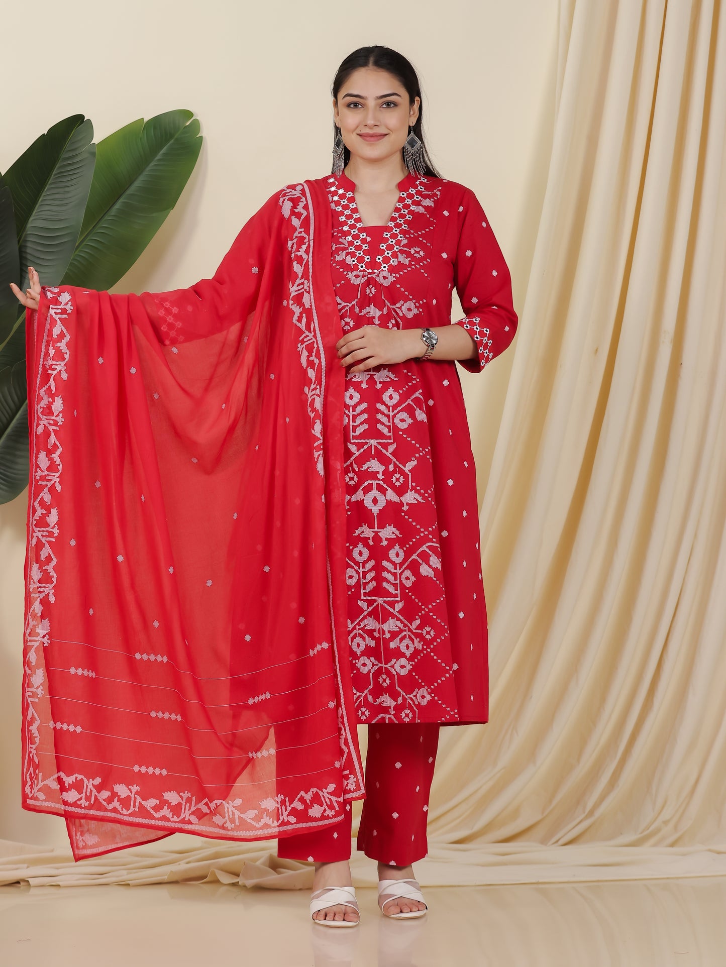 Embroidered Soft Cotton Geometric Flared Red Kurta