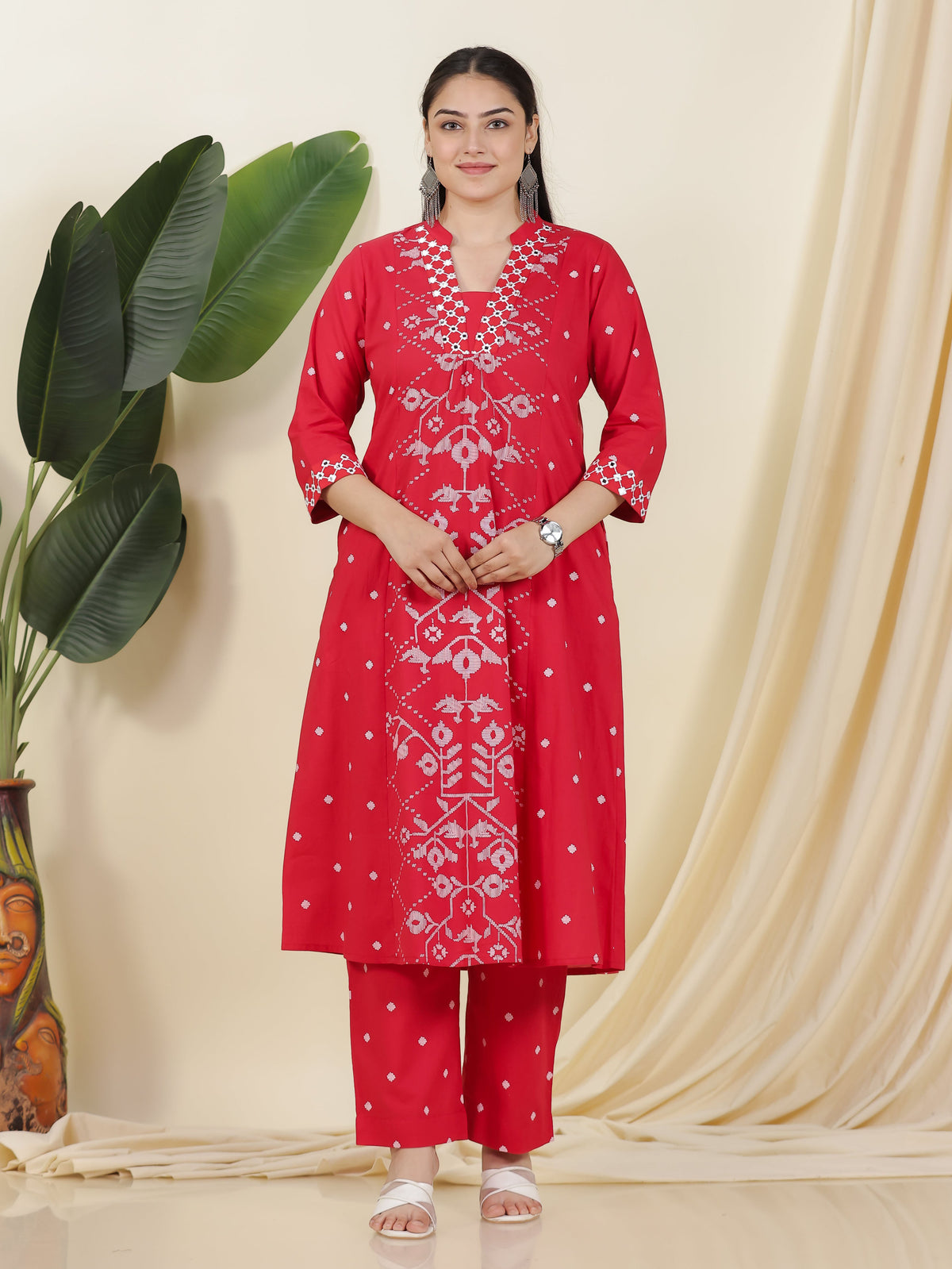 Embroidered Soft Cotton Geometric Flared Red Kurta