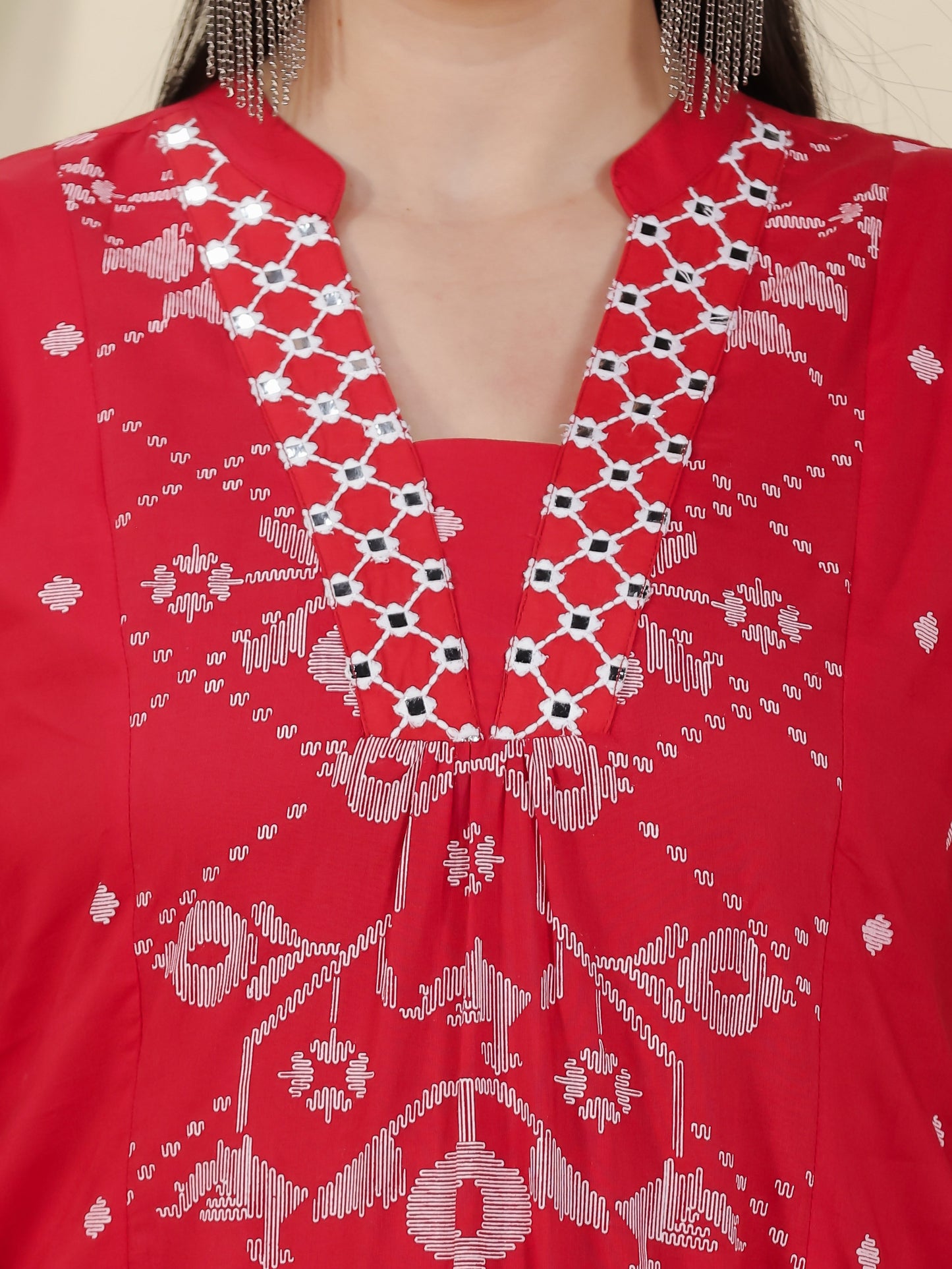 Embroidered Soft Cotton Geometric Flared Red Kurta