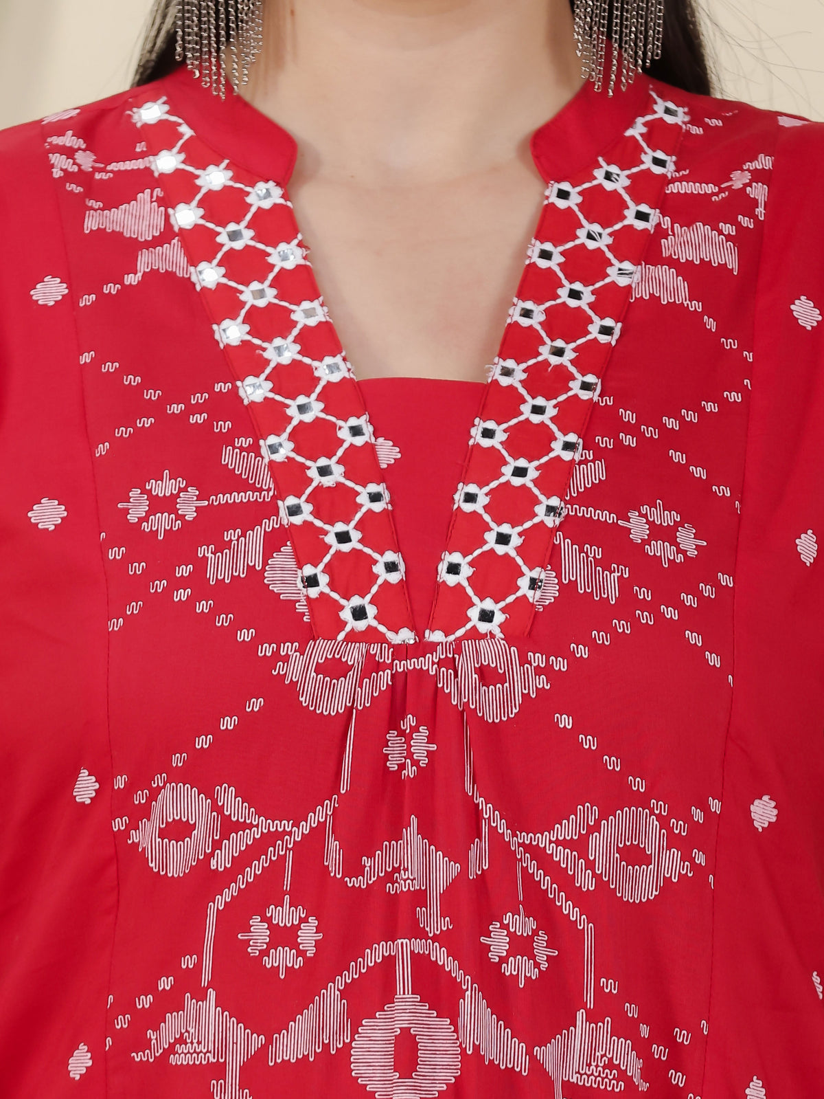 Embroidered Soft Cotton Geometric Flared Red Kurta