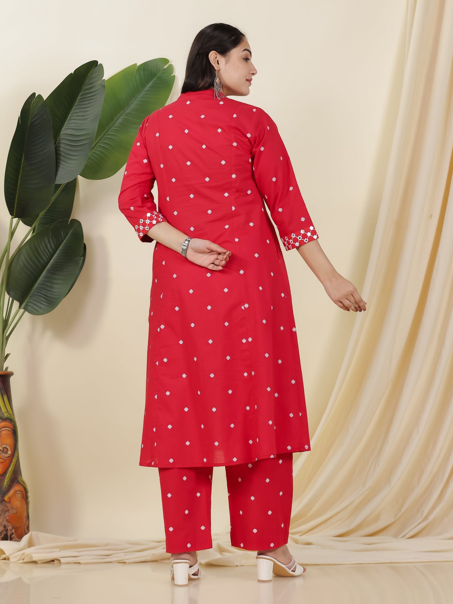 Embroidered Soft Cotton Geometric Flared Red Kurta