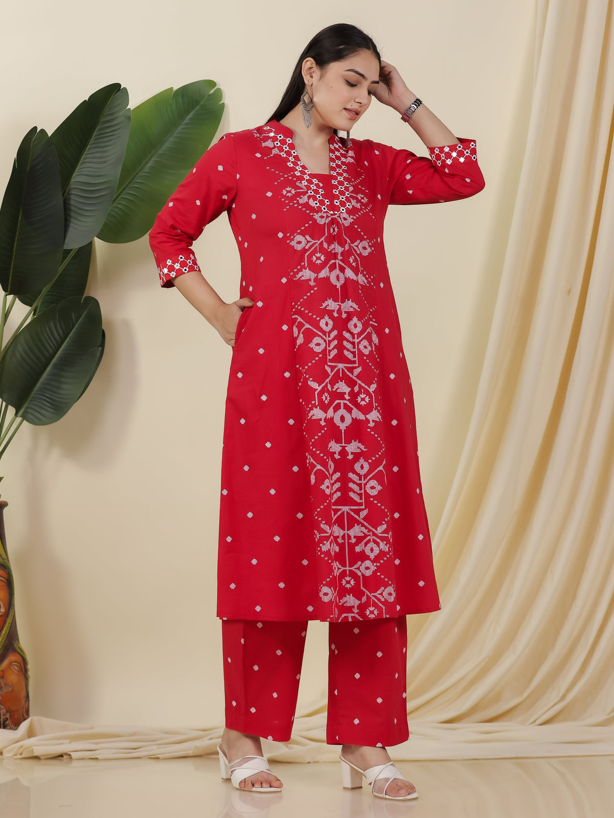 Embroidered Soft Cotton Geometric Flared Red Kurta