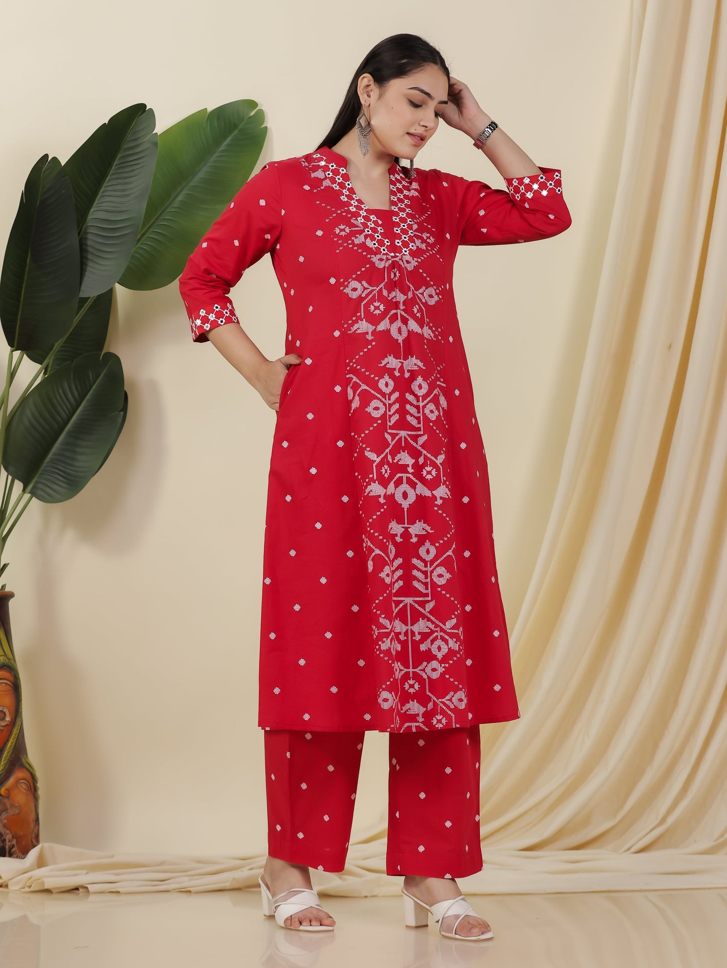 Embroidered Soft Cotton Geometric Flared Red Kurta
