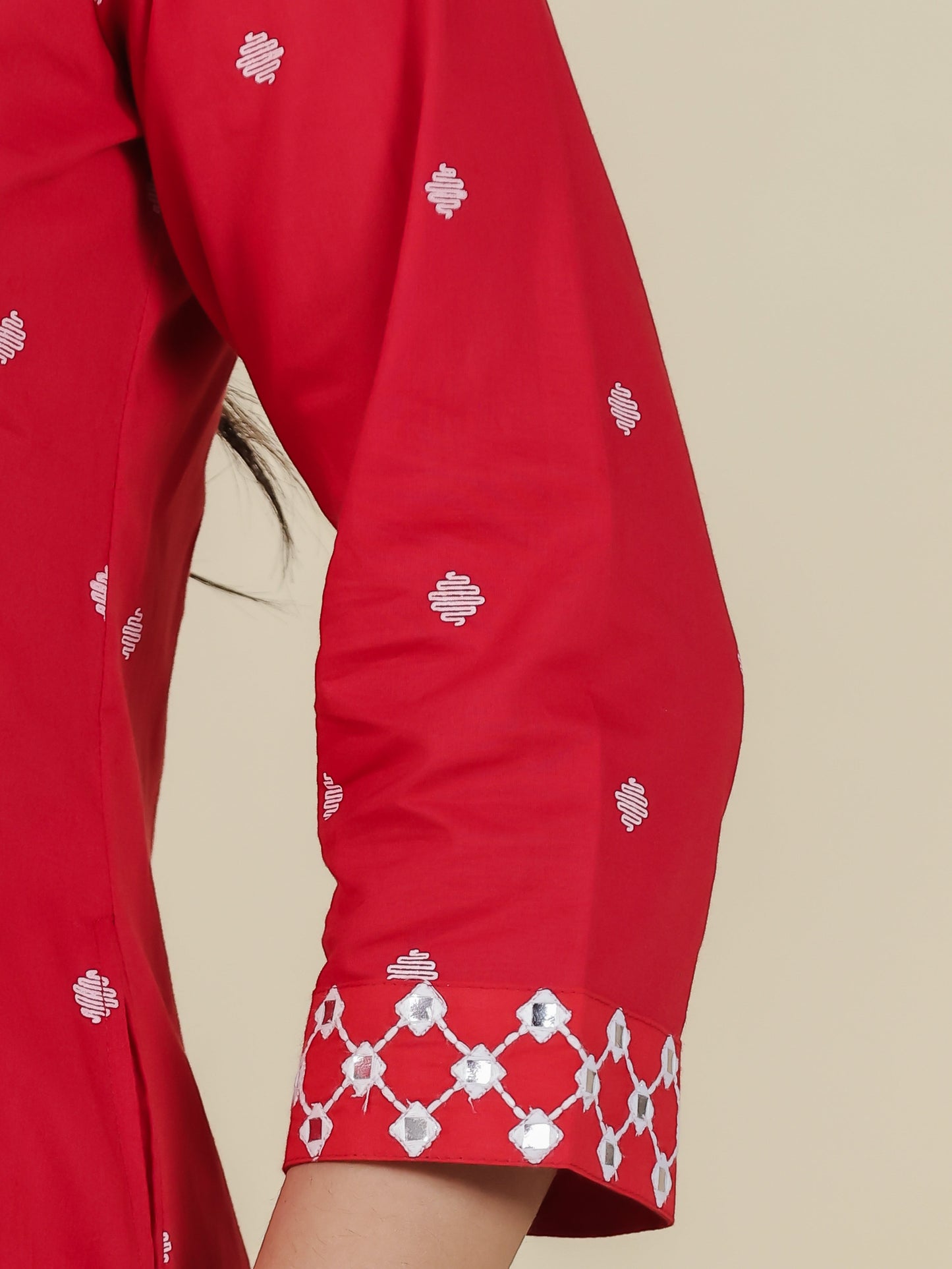Embroidered Soft Cotton Geometric Flared Red Kurta