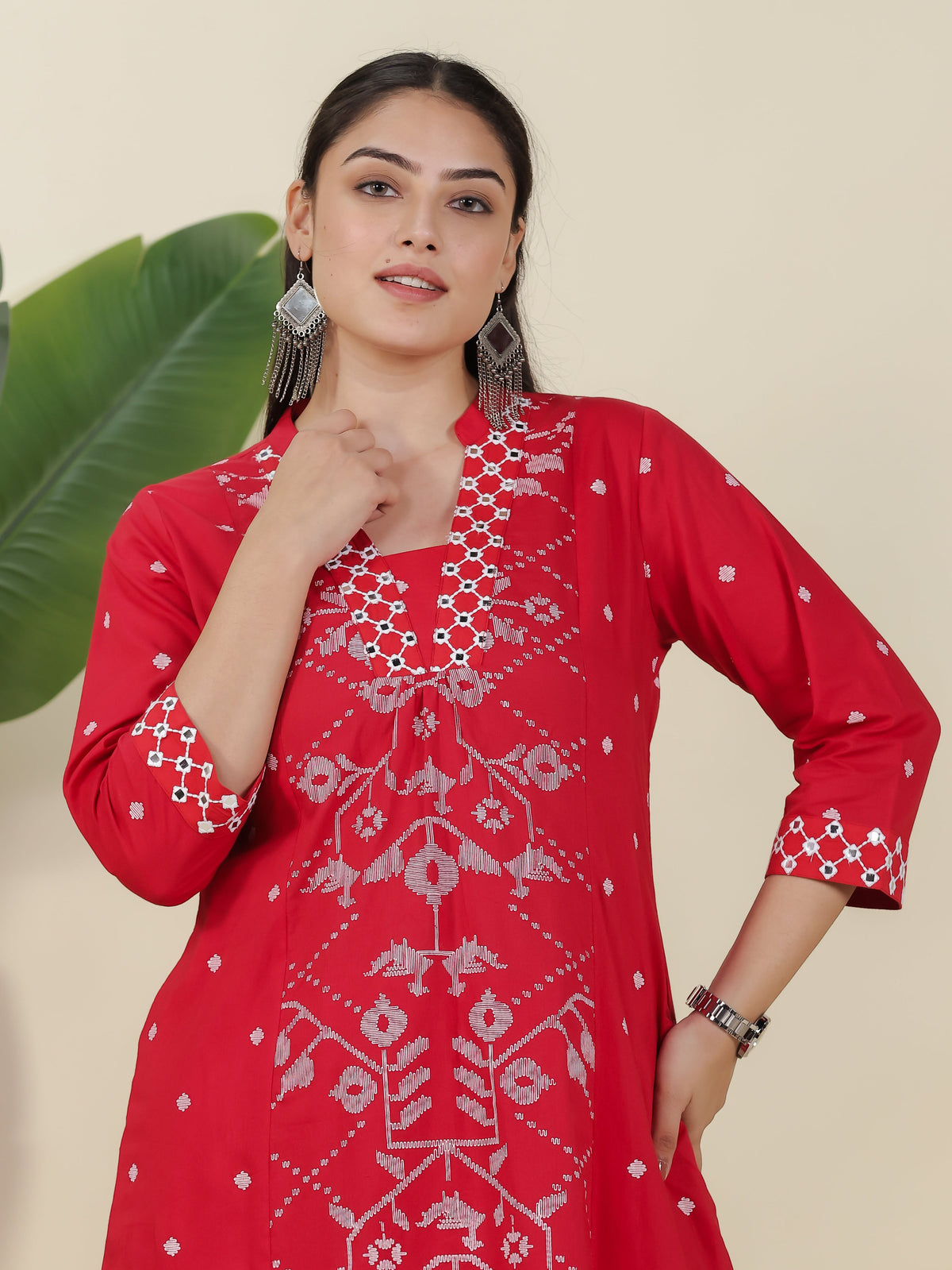 Embroidered Soft Cotton Geometric Flared Red Kurta