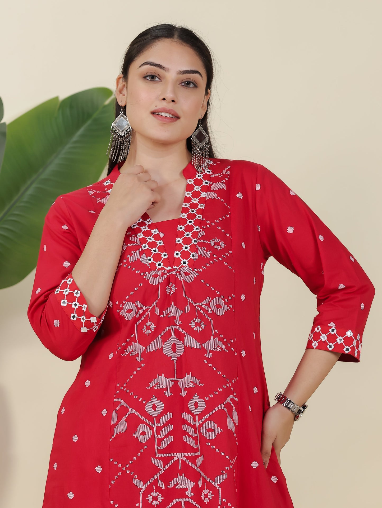 Embroidered Soft Cotton Geometric Flared Red Kurta